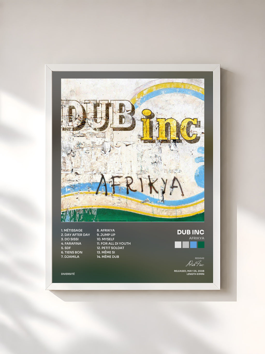 #blanc Tableau de l'album Afrikya de Dub Inc, cadre blanc, imprimé et encadré en France