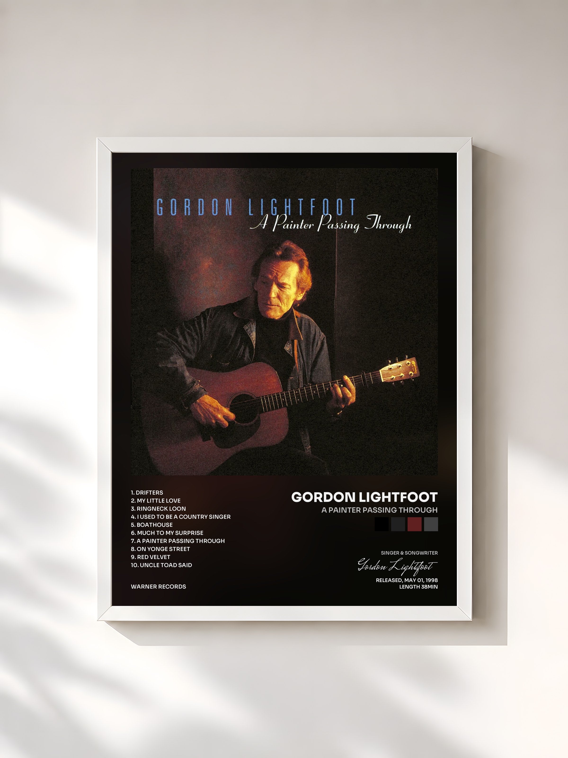#blanc Tableau de l'album A Painter Passing Through de Gordon Lightfoot, cadre blanc, imprimé et encadré en France