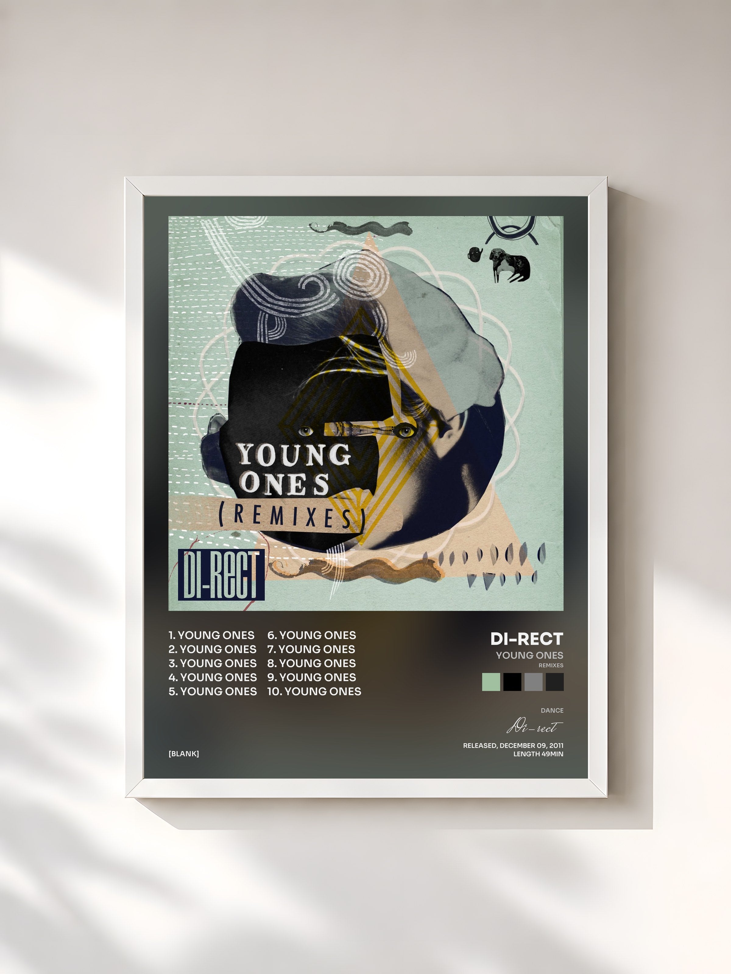 #blanc Tableau de l'album Young Ones (Remixes) de Di-rect, cadre blanc, imprimé et encadré en France