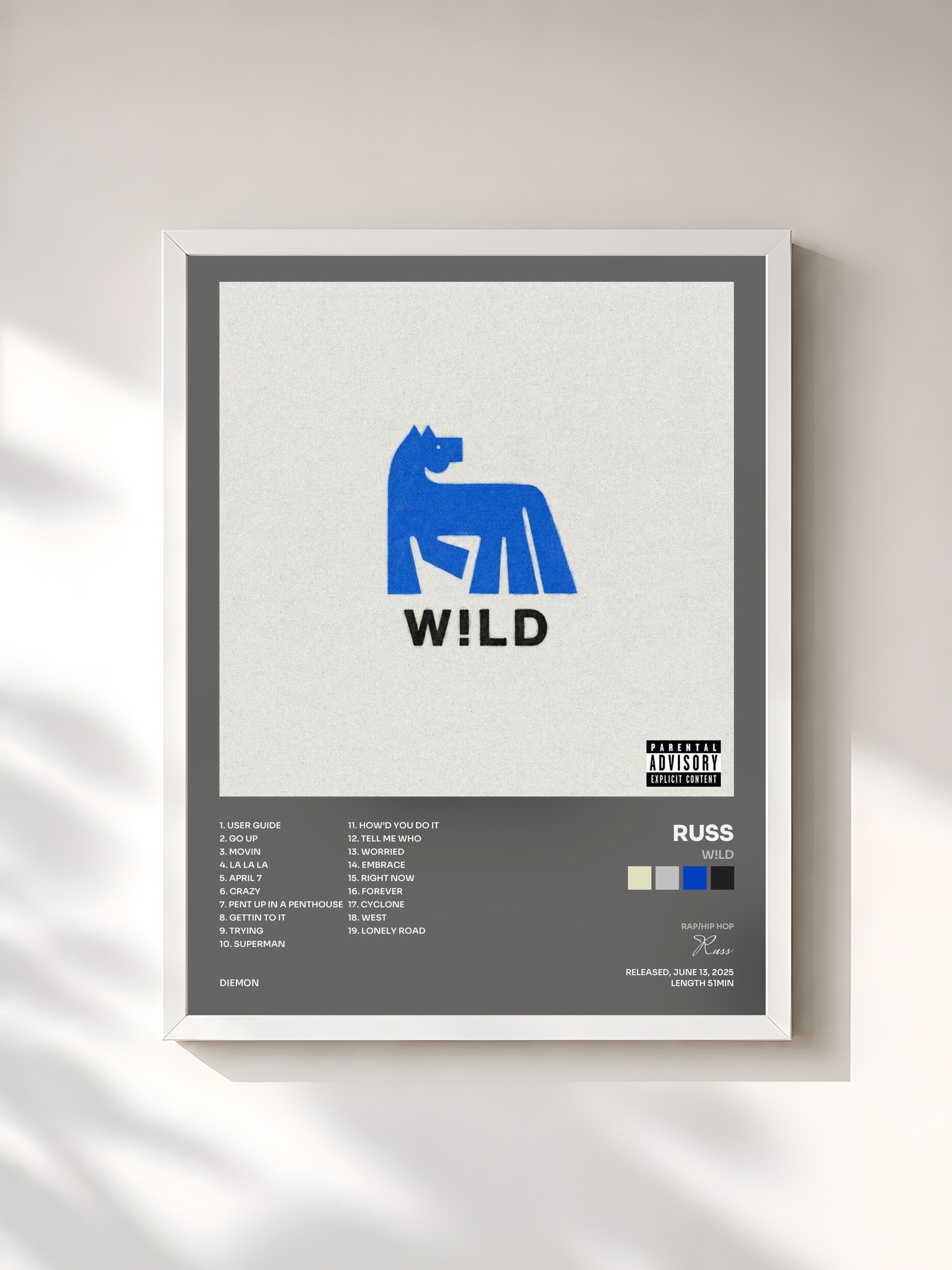#blanc Tableau de l'album W!LD de Russ, cadre blanc, imprimé et encadré en France
