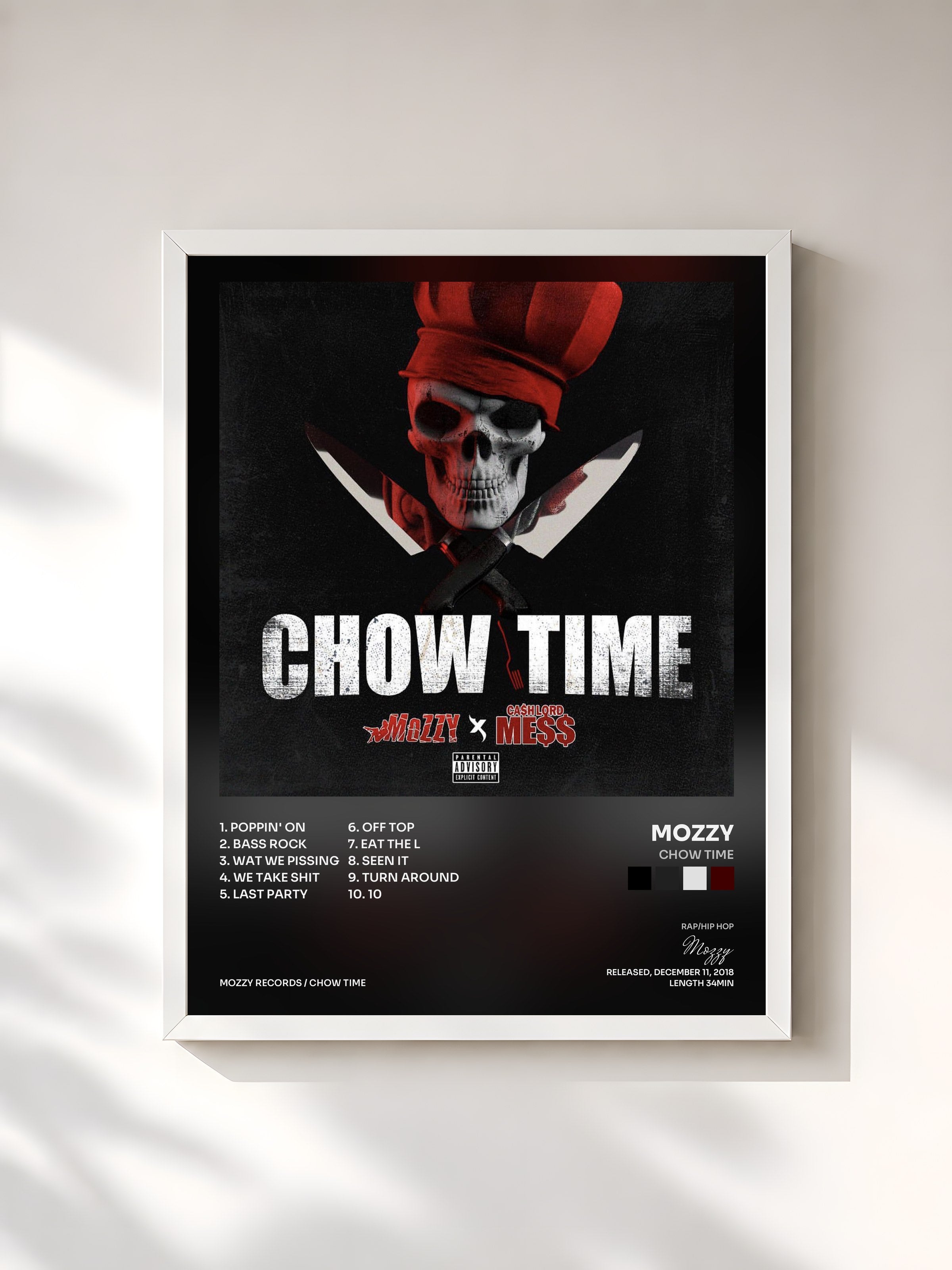 #blanc Tableau de l'album Chow Time de Mozzy, cadre blanc, imprimé et encadré en France