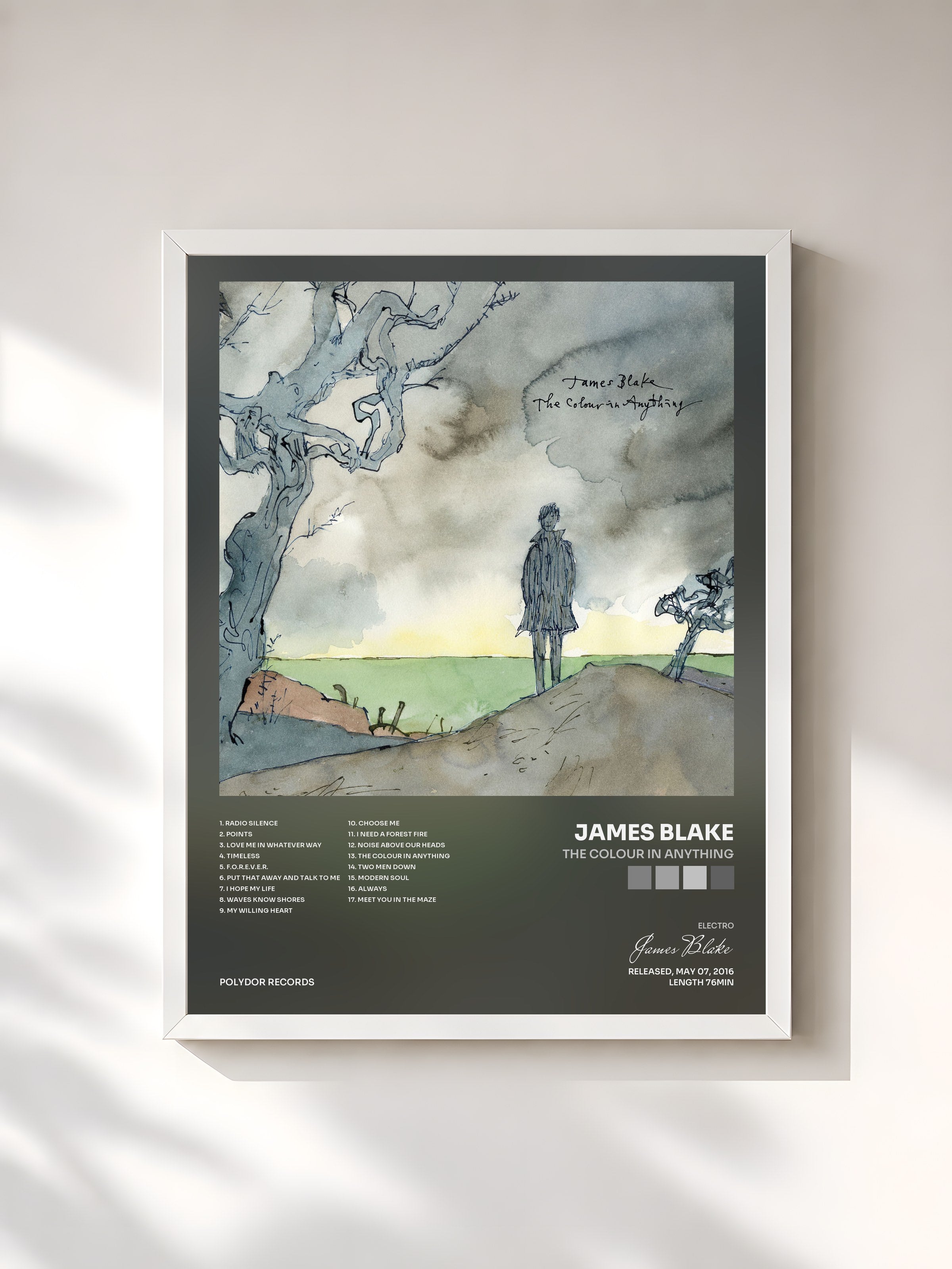 #blanc Tableau de l'album The Colour In Anything de James Blake, cadre blanc, imprimé et encadré en France
