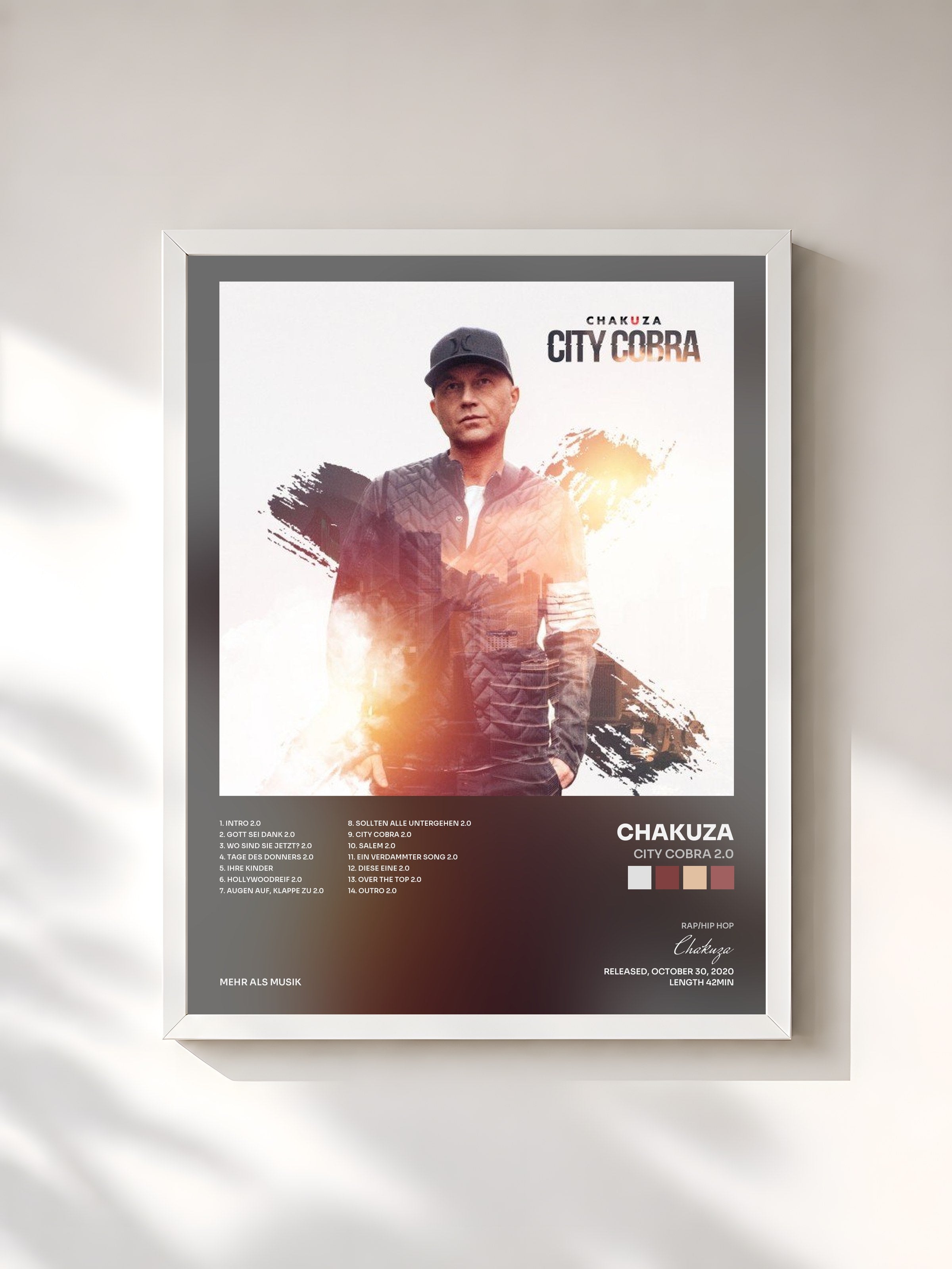 #blanc Tableau de l'album City Cobra 2.0 de Chakuza, cadre blanc, imprimé et encadré en France
