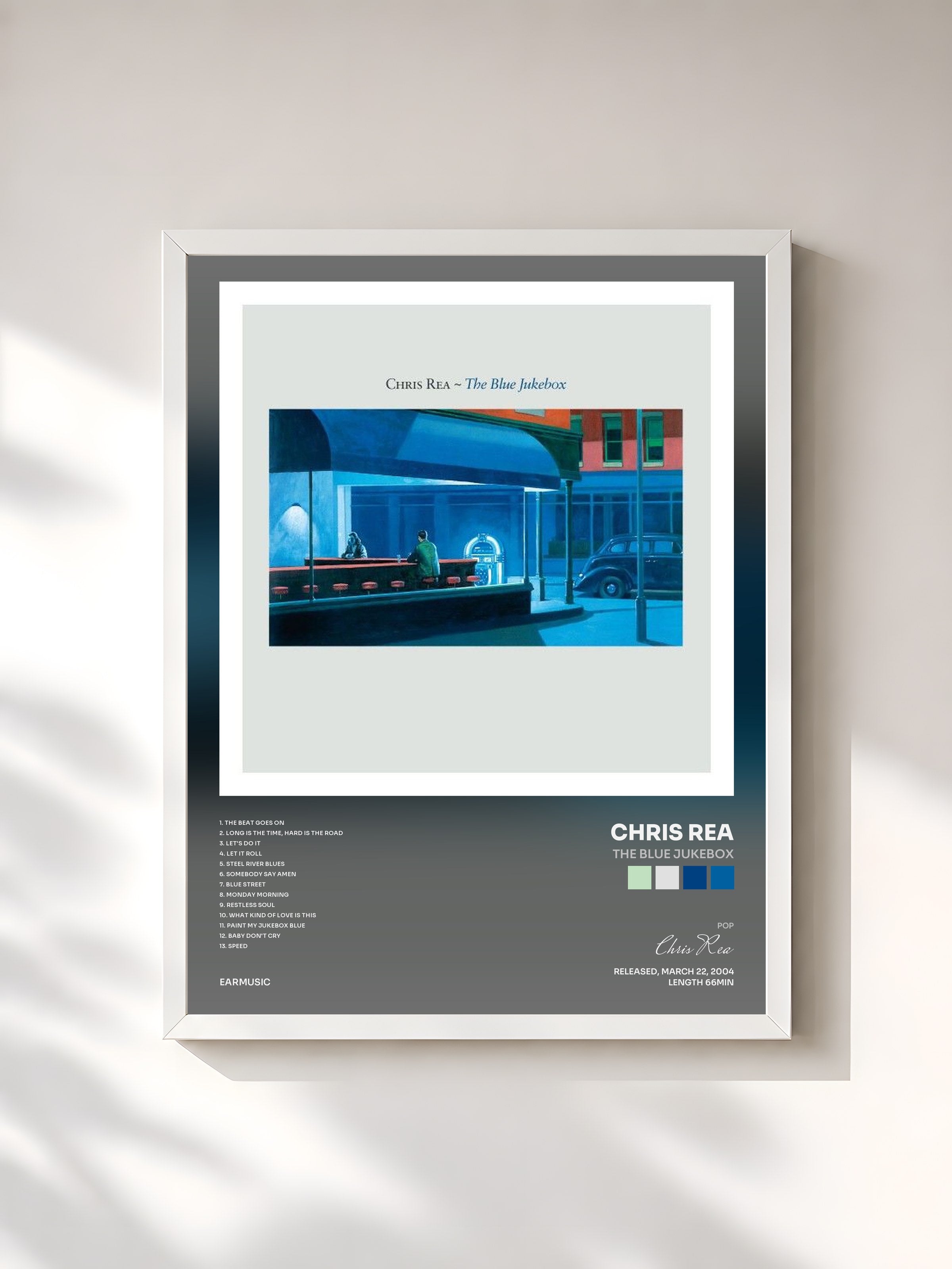 #blanc Tableau de l'album The Blue Jukebox de Chris Rea, cadre blanc, imprimé et encadré en France