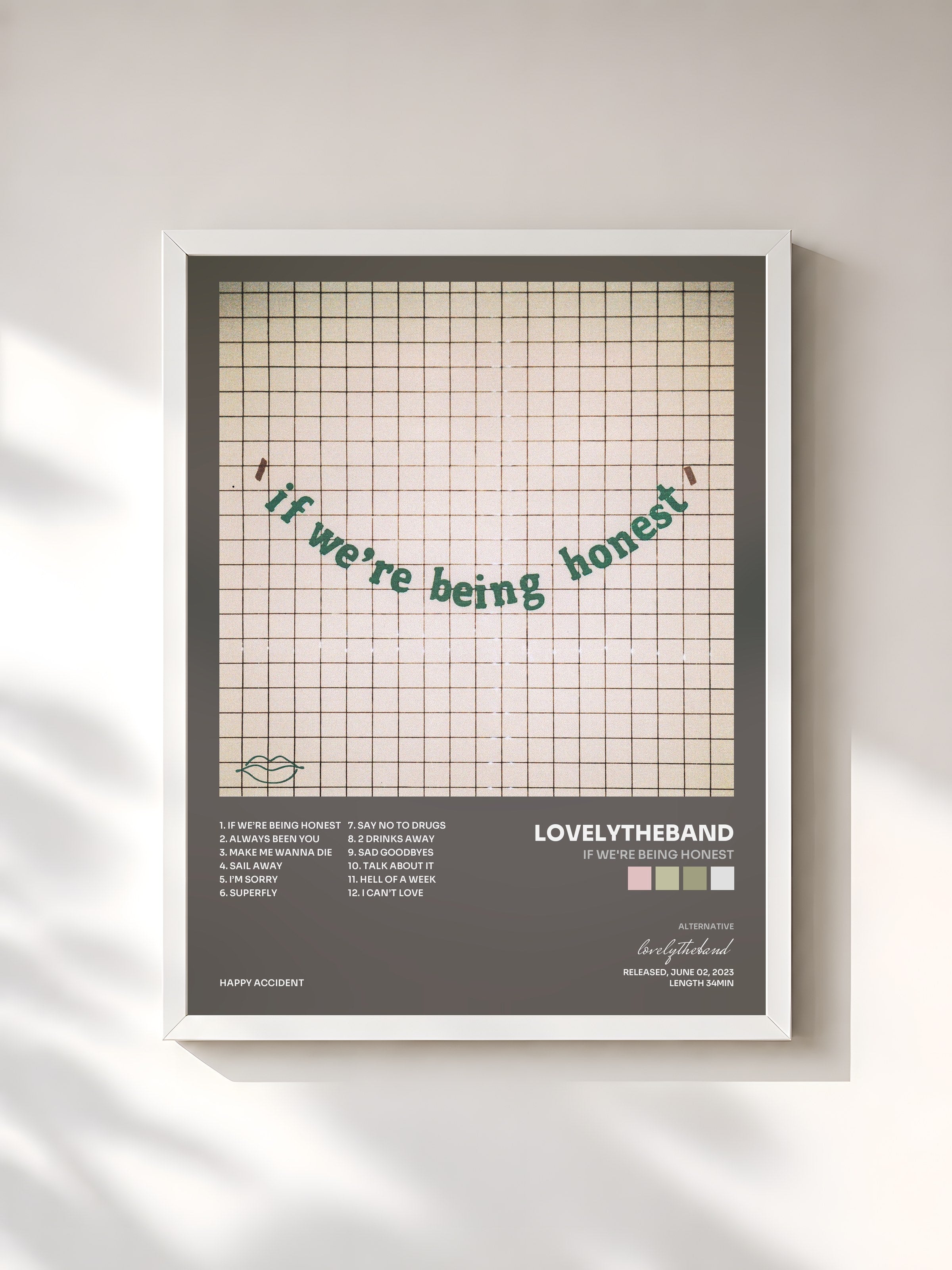 #blanc Tableau de l'album if we're being honest de lovelytheband, cadre blanc, imprimé et encadré en France