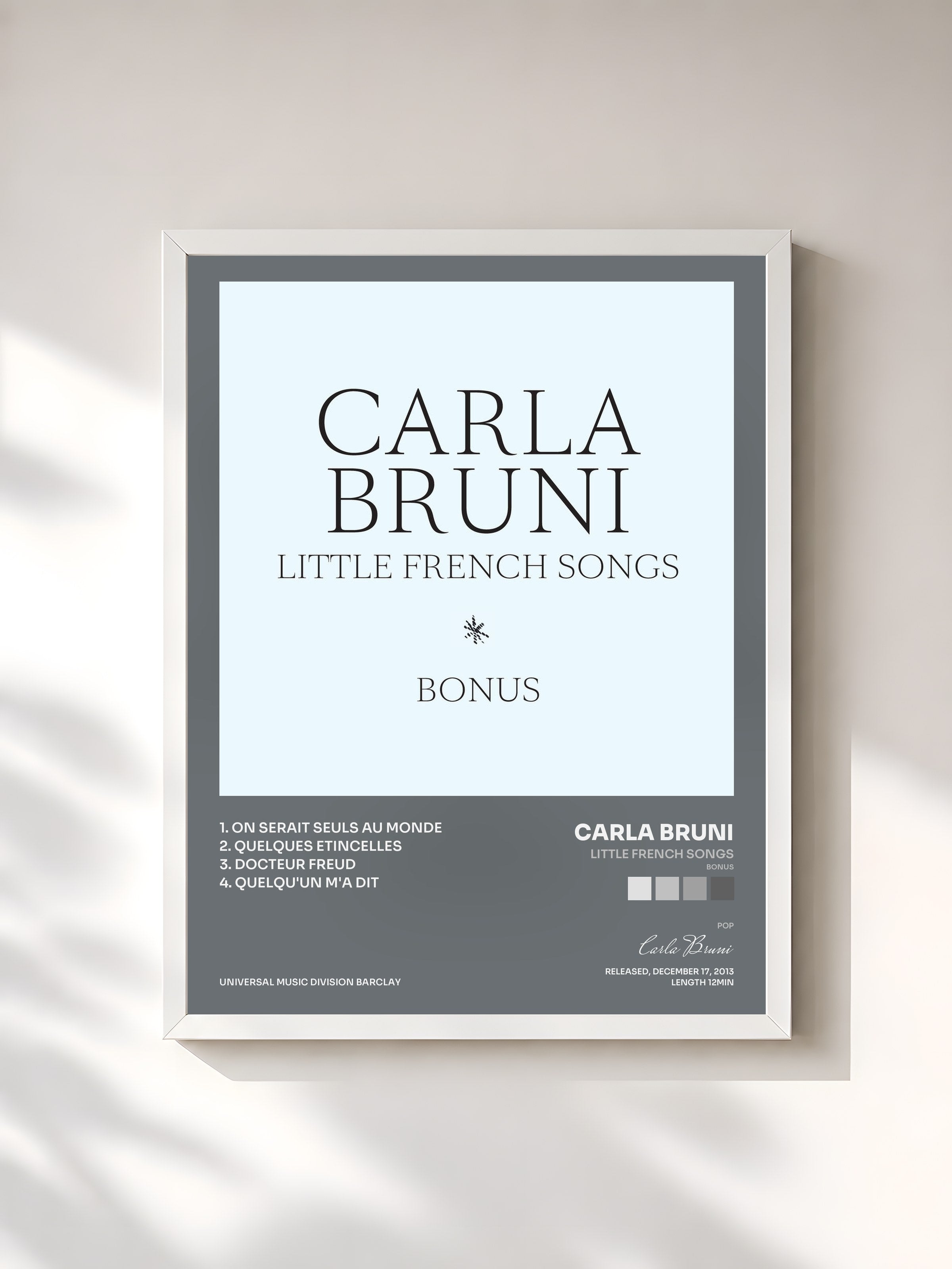 #blanc Tableau de l'album Little French Songs (Bonus) de Carla Bruni, cadre blanc, imprimé et encadré en France