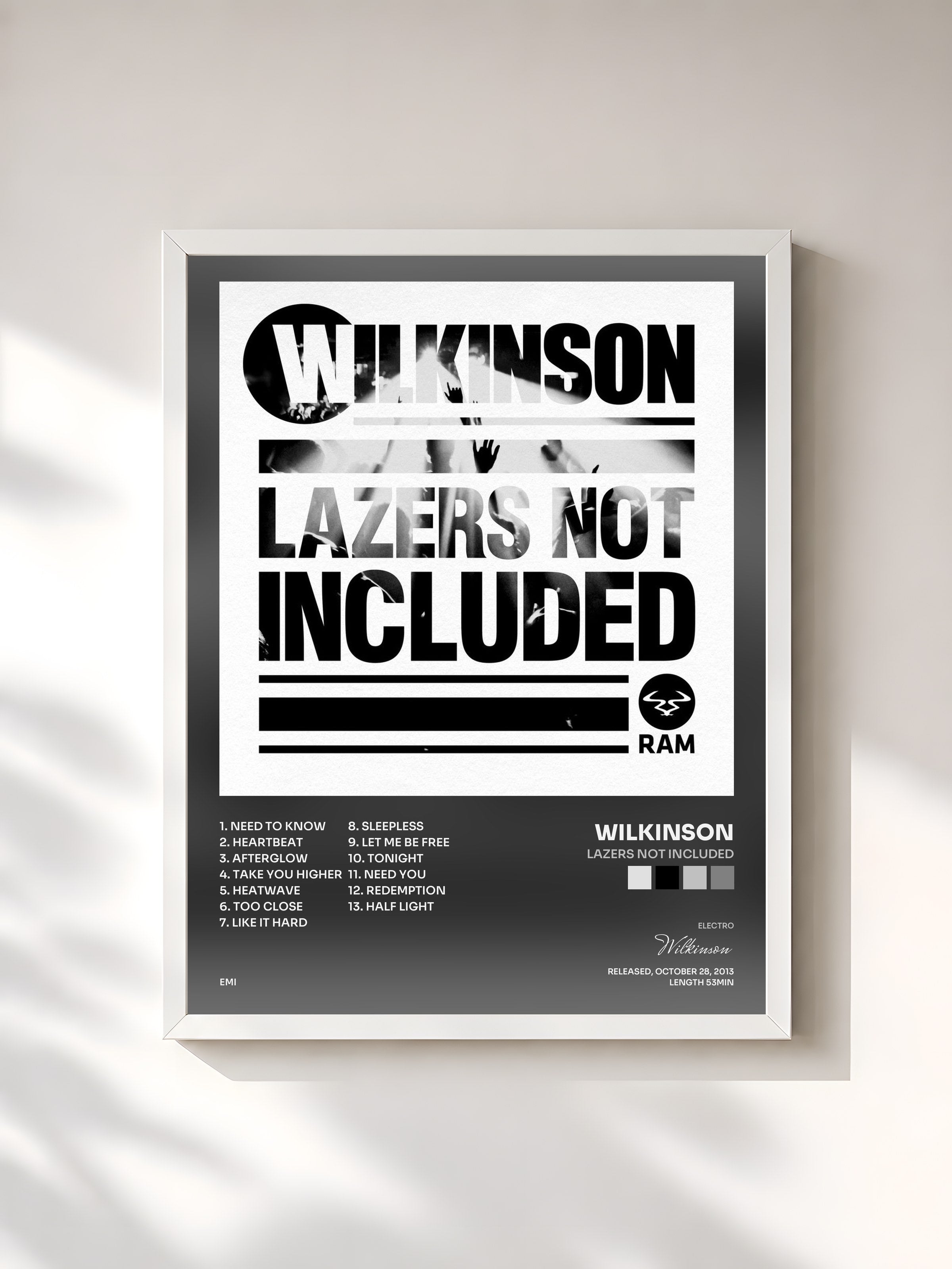 #blanc Tableau de l'album Lazers Not Included de Wilkinson, cadre blanc, imprimé et encadré en France