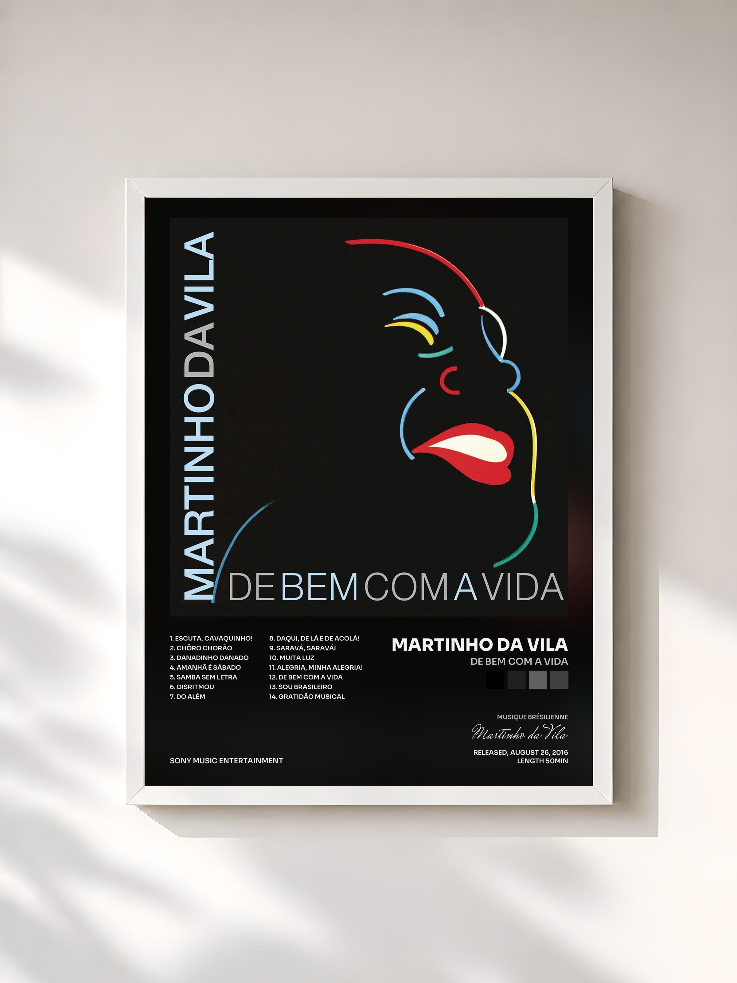 #blanc Tableau de l'album De Bem Com a Vida de Martinho da Vila, cadre blanc, imprimé et encadré en France