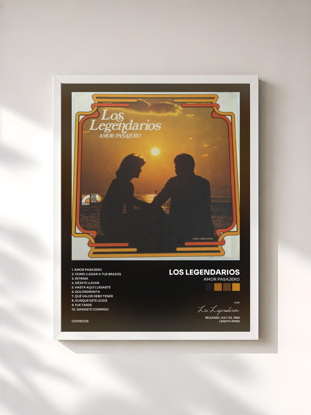 #blanc Tableau de l'album Amor Pasajero de Los Legendarios, cadre blanc, imprimé et encadré en France