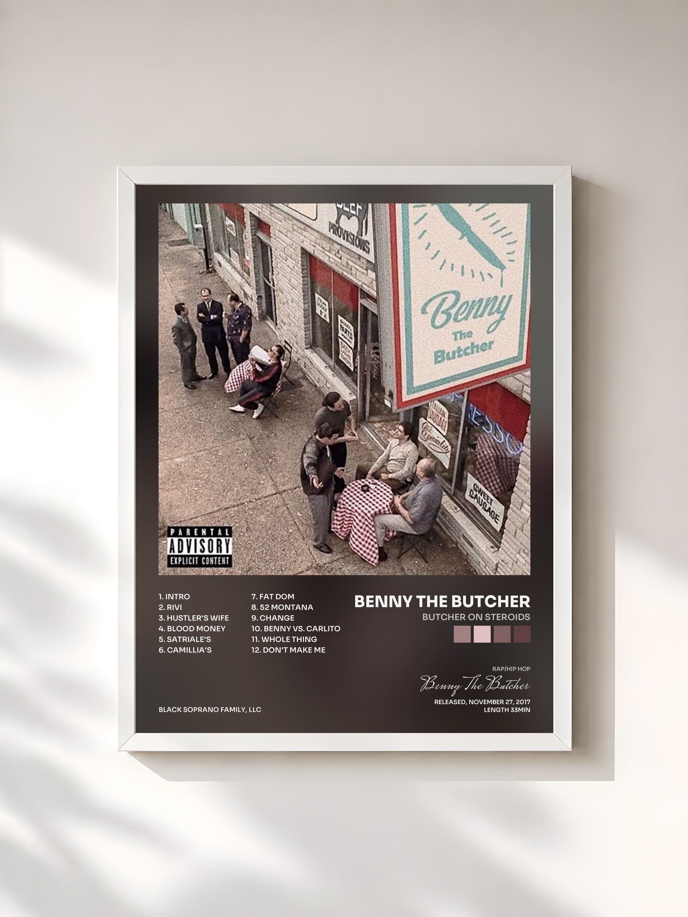 #blanc Tableau de l'album Butcher on Steroids de Benny The Butcher, cadre blanc, imprimé et encadré en France
