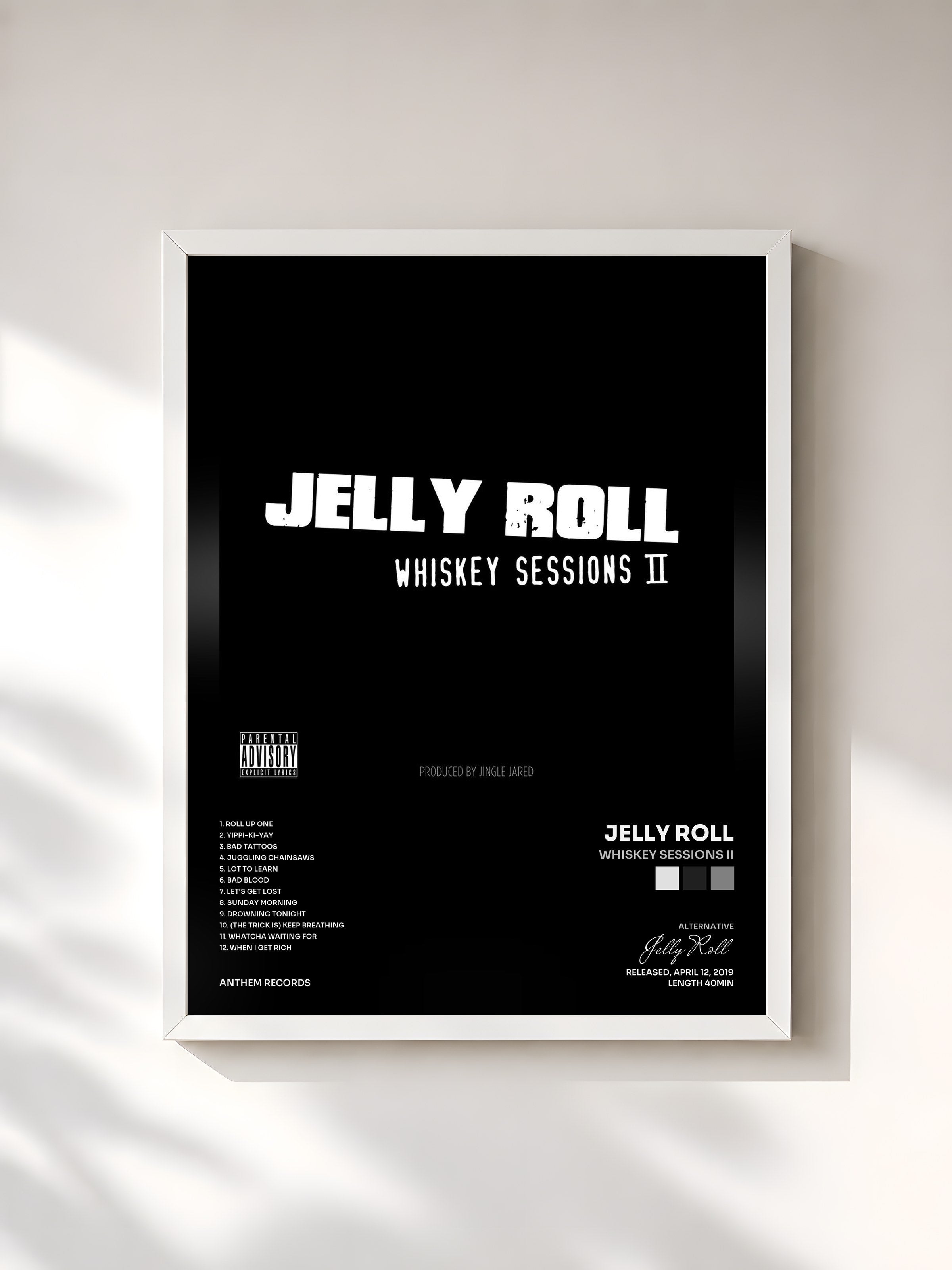 #blanc Tableau de l'album Whiskey Sessions II de Jelly Roll, cadre blanc, imprimé et encadré en France