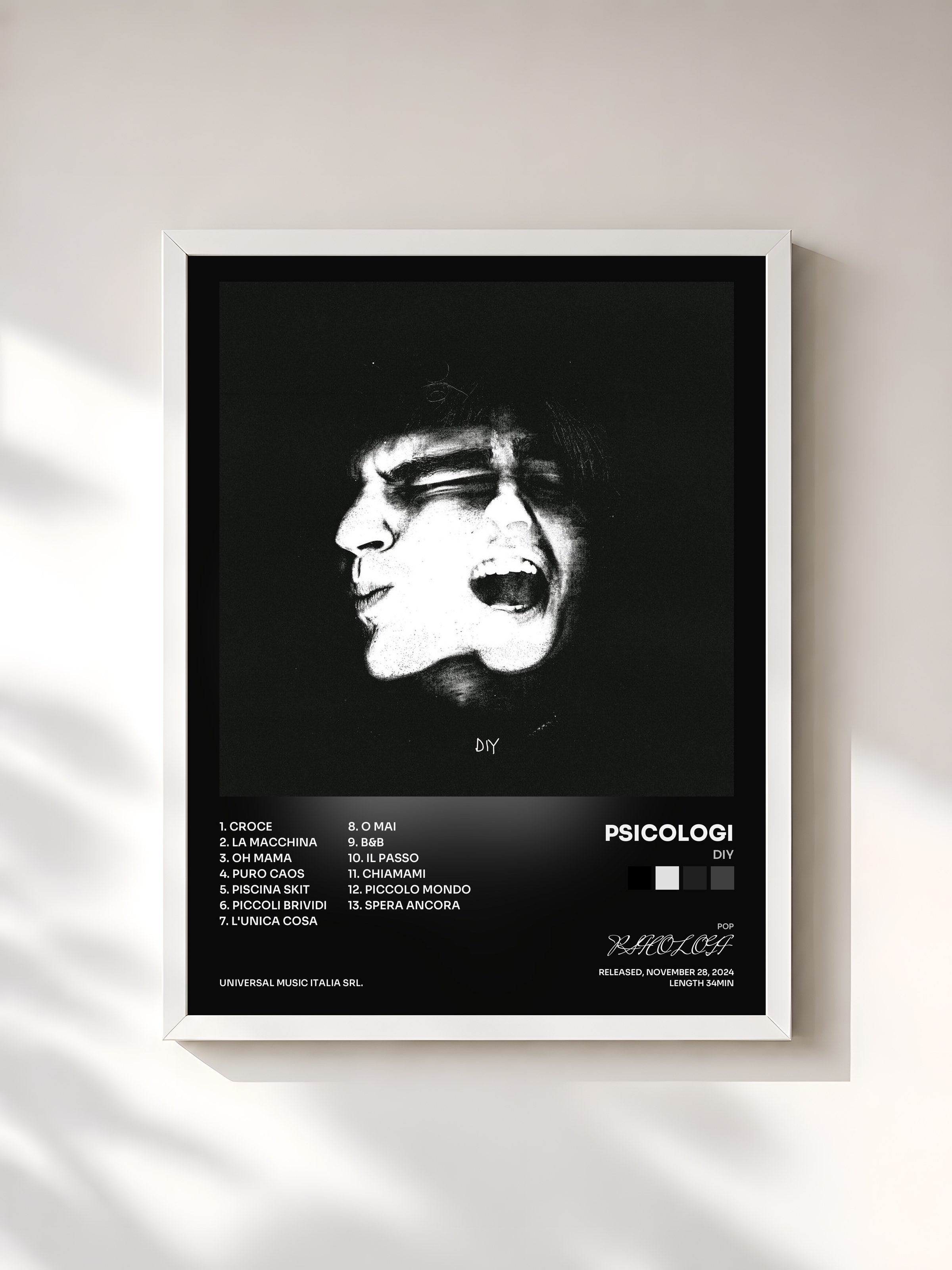 #blanc Tableau de l'album DIY de PSICOLOGI, cadre blanc, imprimé et encadré en France