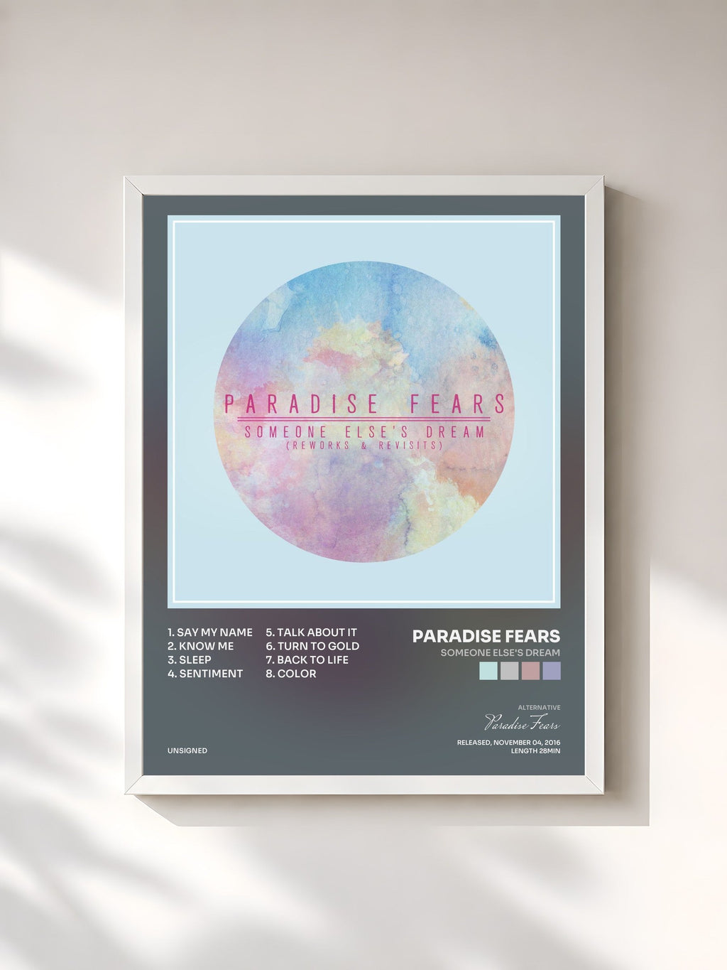 #blanc Tableau de l'album Someone Else's Dream de Paradise Fears, cadre blanc, imprimé et encadré en France