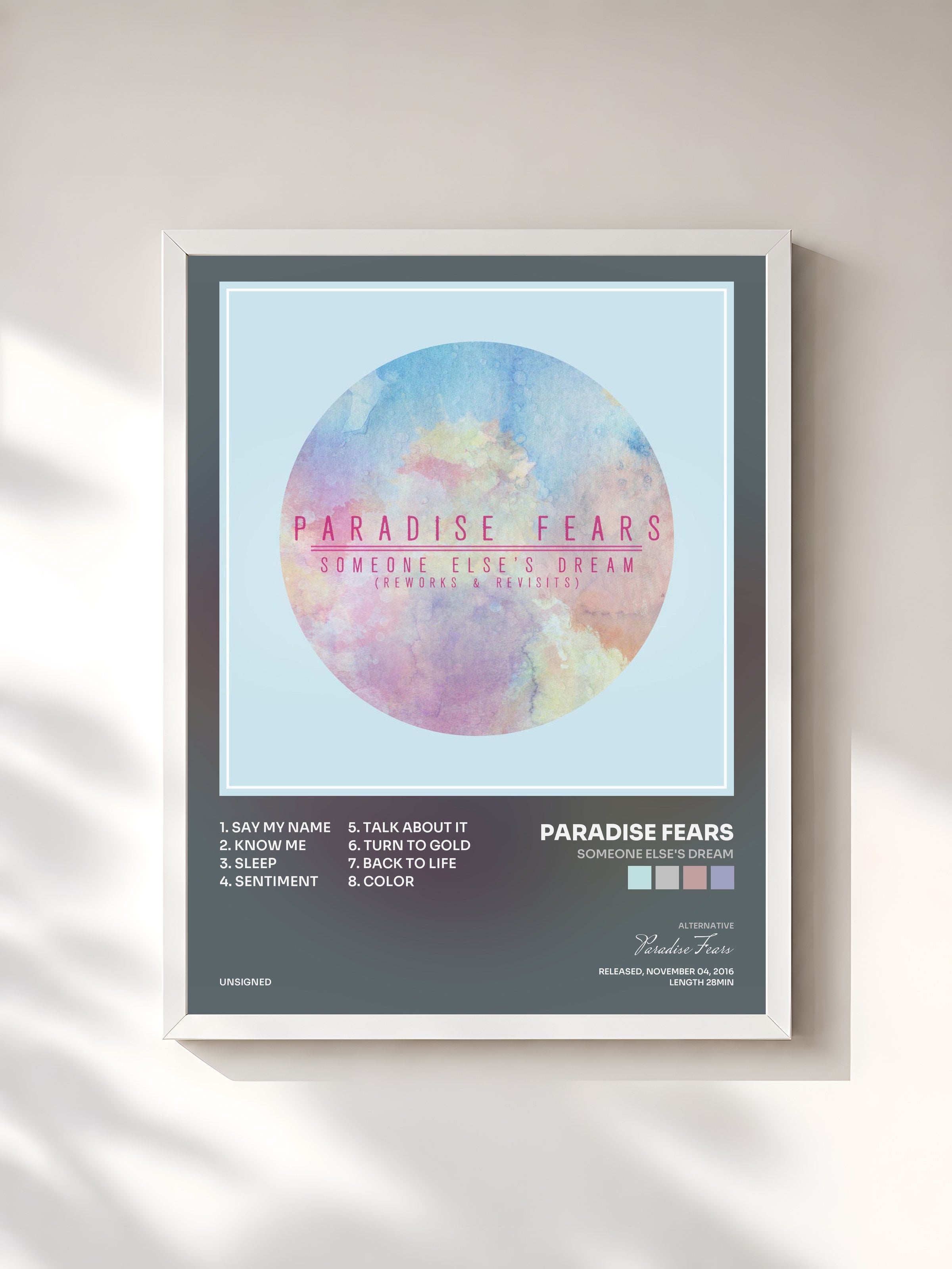 #blanc Tableau de l'album Someone Else's Dream de Paradise Fears, cadre blanc, imprimé et encadré en France