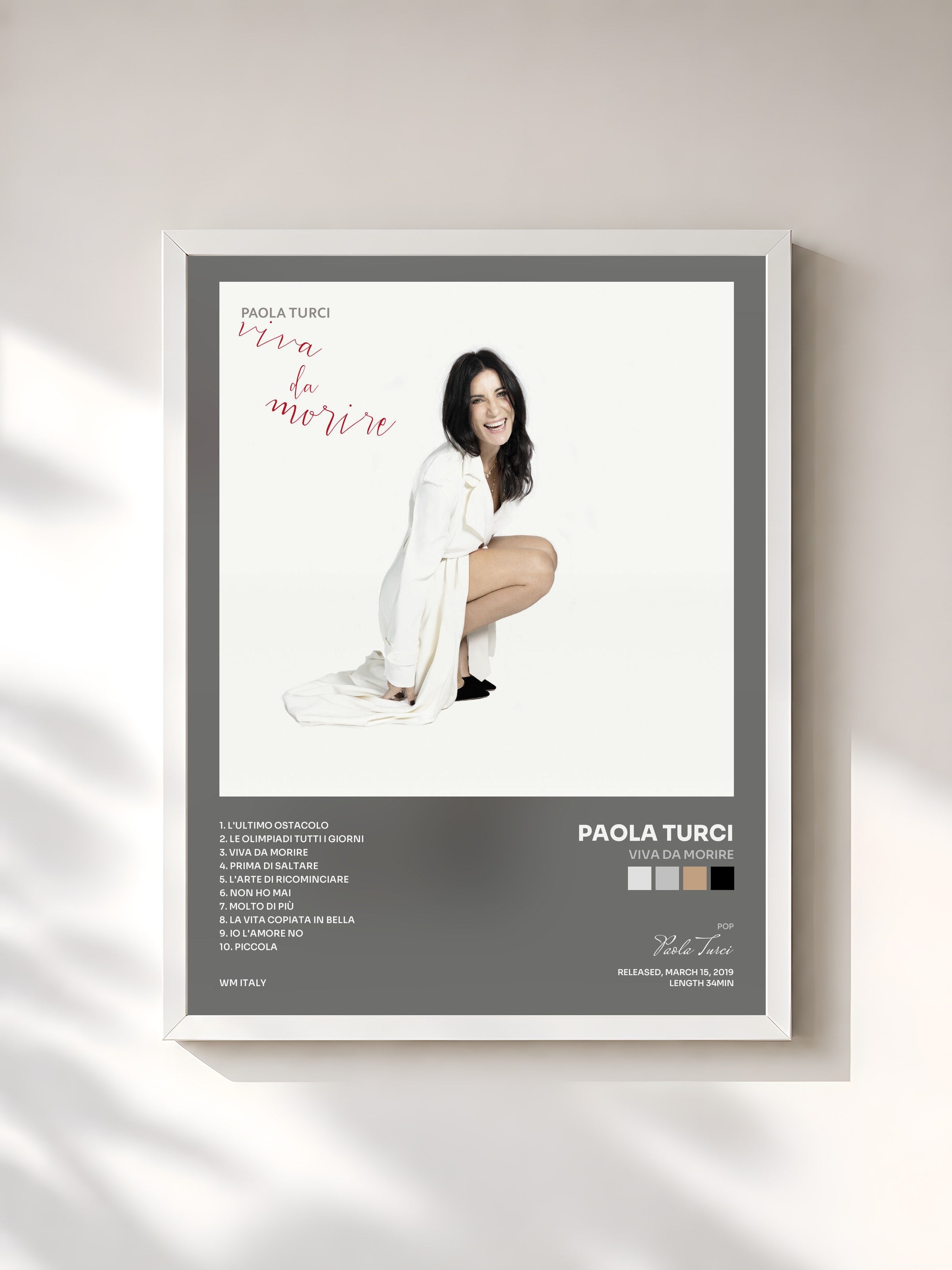 #blanc Tableau de l'album Viva da morire de Paola Turci, cadre blanc, imprimé et encadré en France