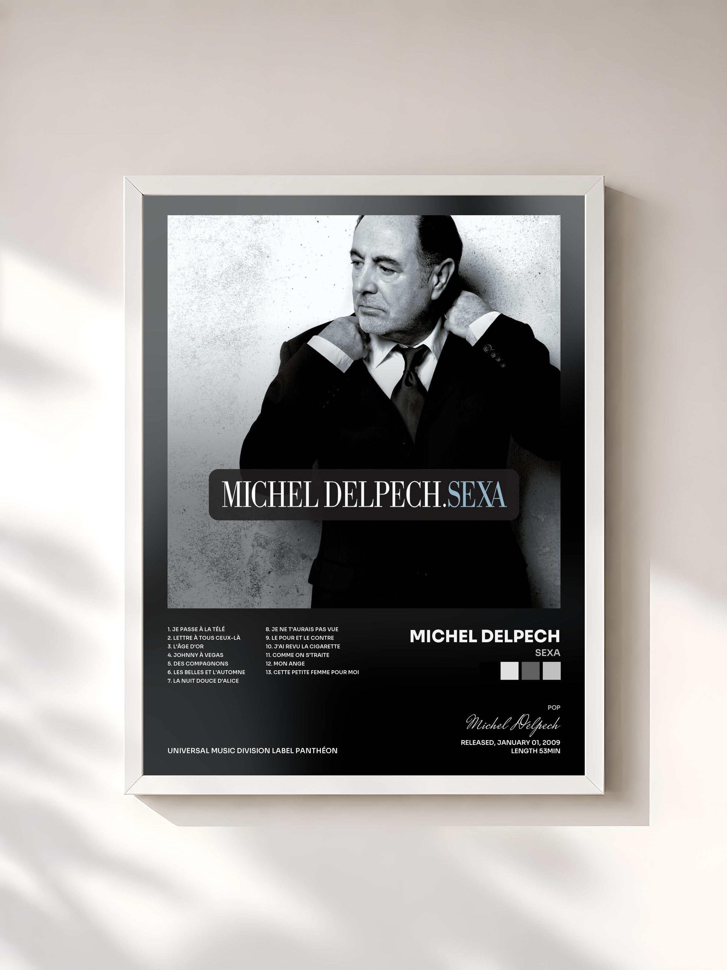 #blanc Tableau de l'album Sexa de Michel Delpech, cadre blanc, imprimé et encadré en France
