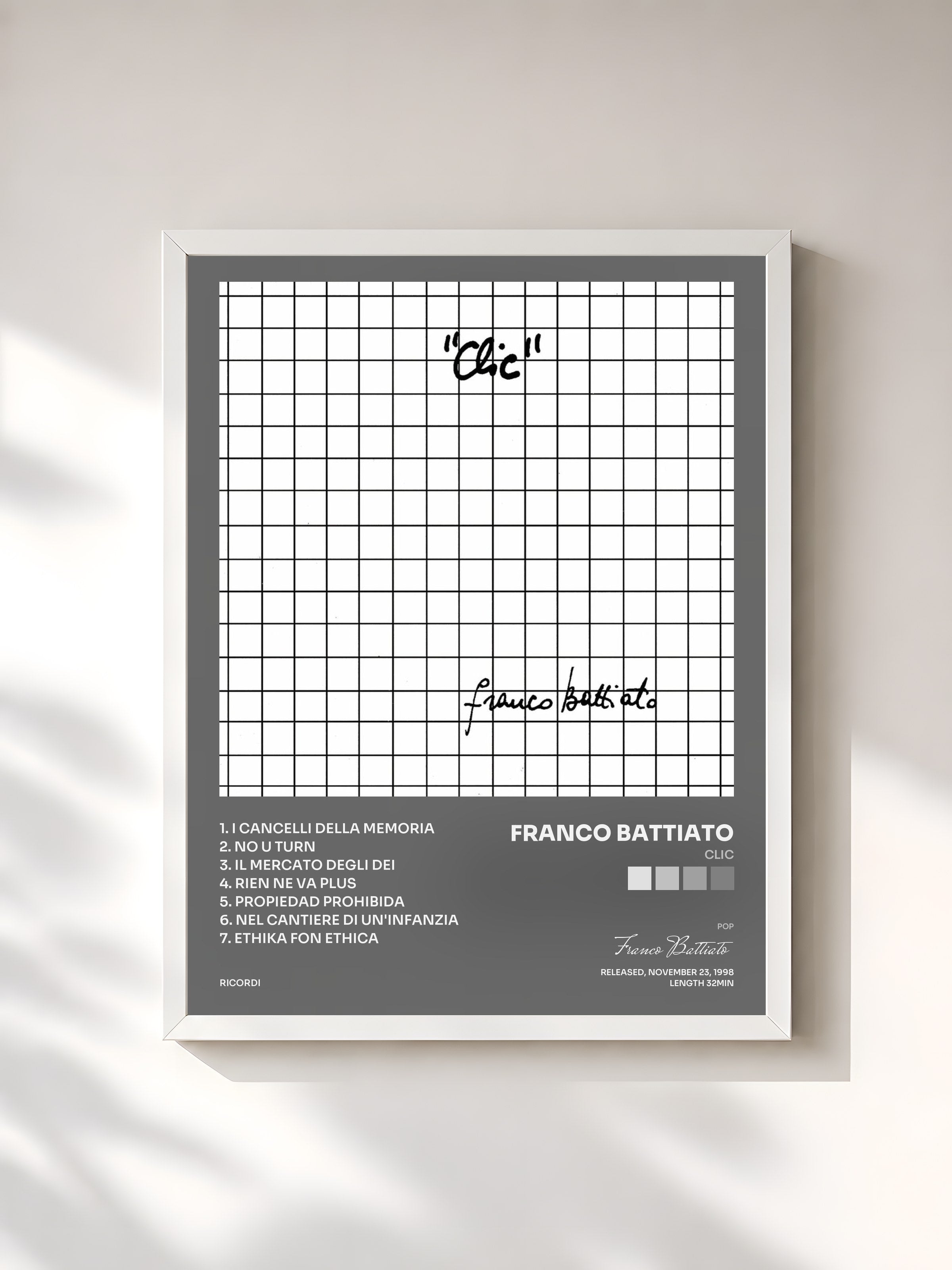 #blanc Tableau de l'album Clic de Franco Battiato, cadre blanc, imprimé et encadré en France