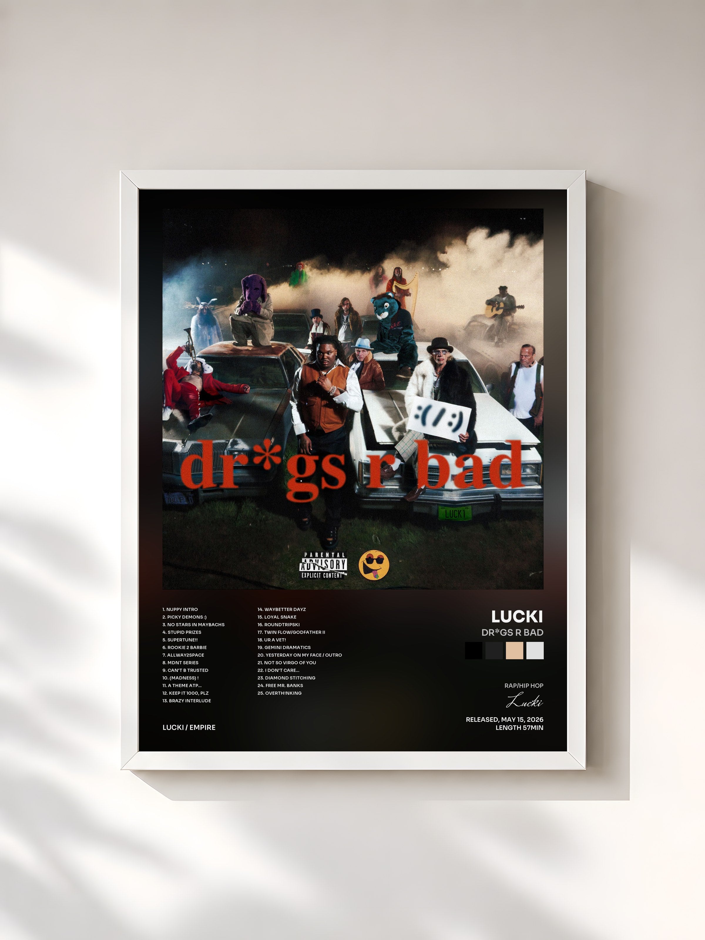 #blanc Tableau de l'album Dr*gs R Bad de Lucki, cadre blanc, imprimé et encadré en France