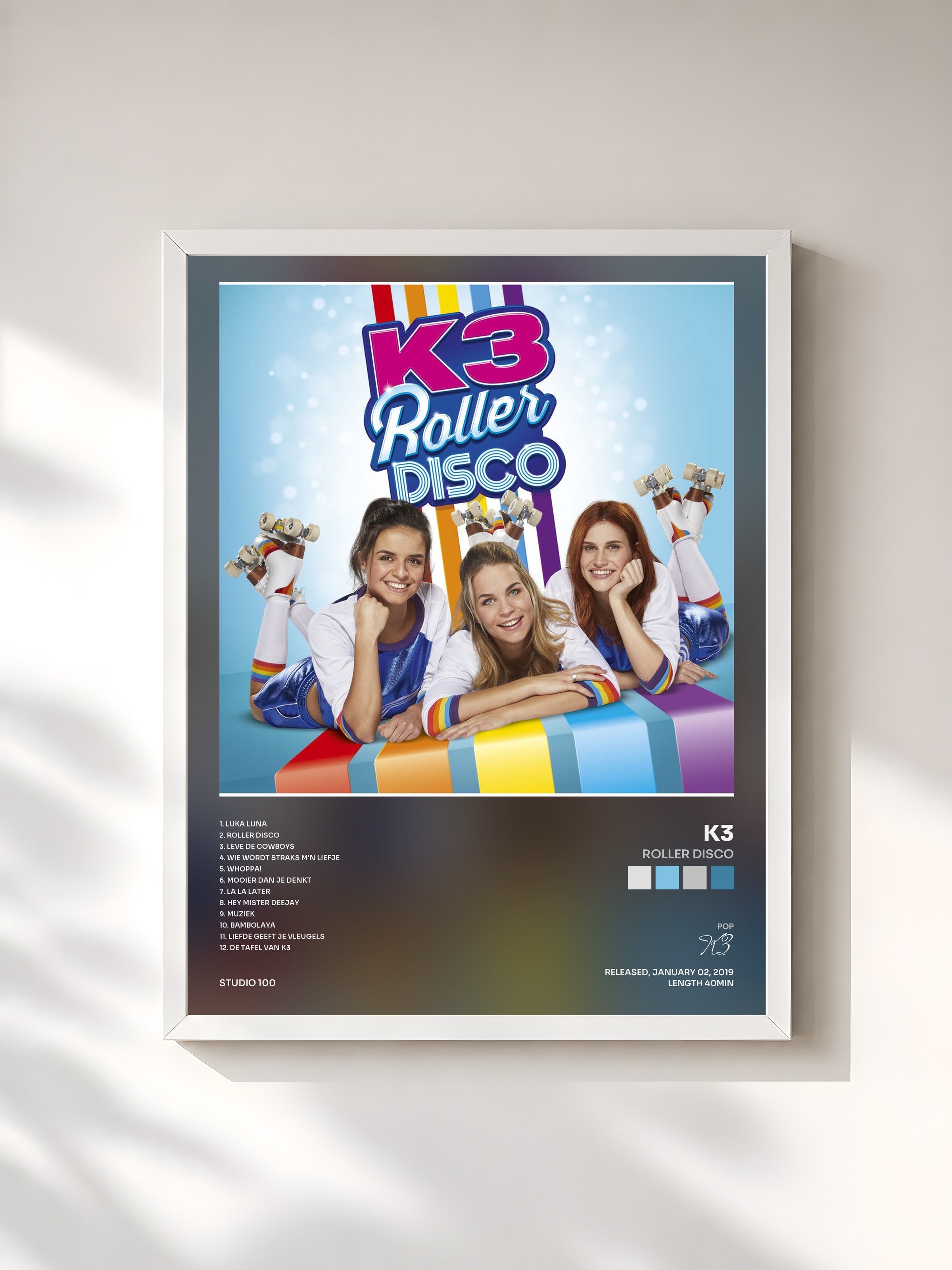 #blanc Tableau de l'album Roller Disco de K3, cadre blanc, imprimé et encadré en France