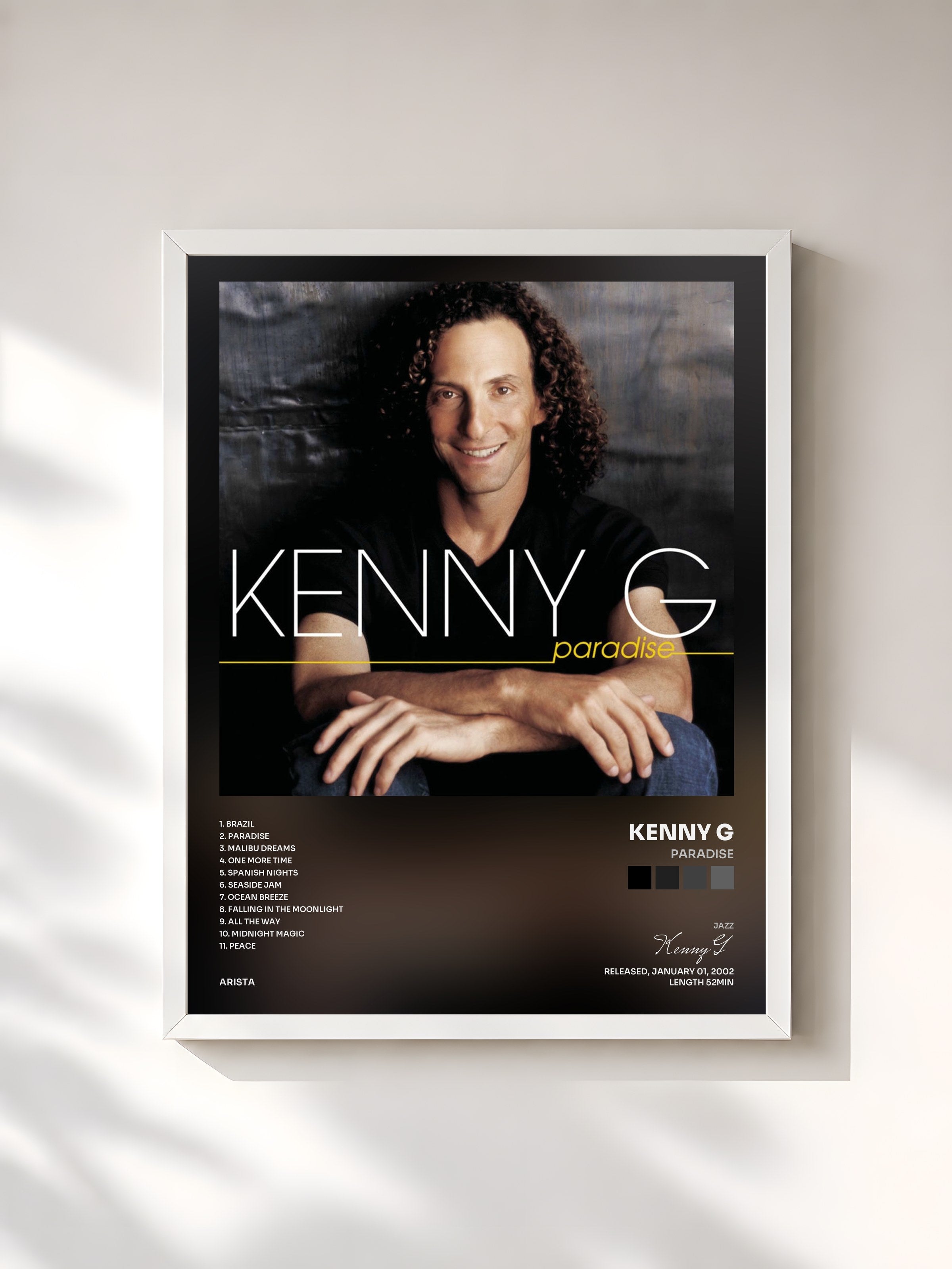 #blanc Tableau de l'album Paradise de Kenny G, cadre blanc, imprimé et encadré en France