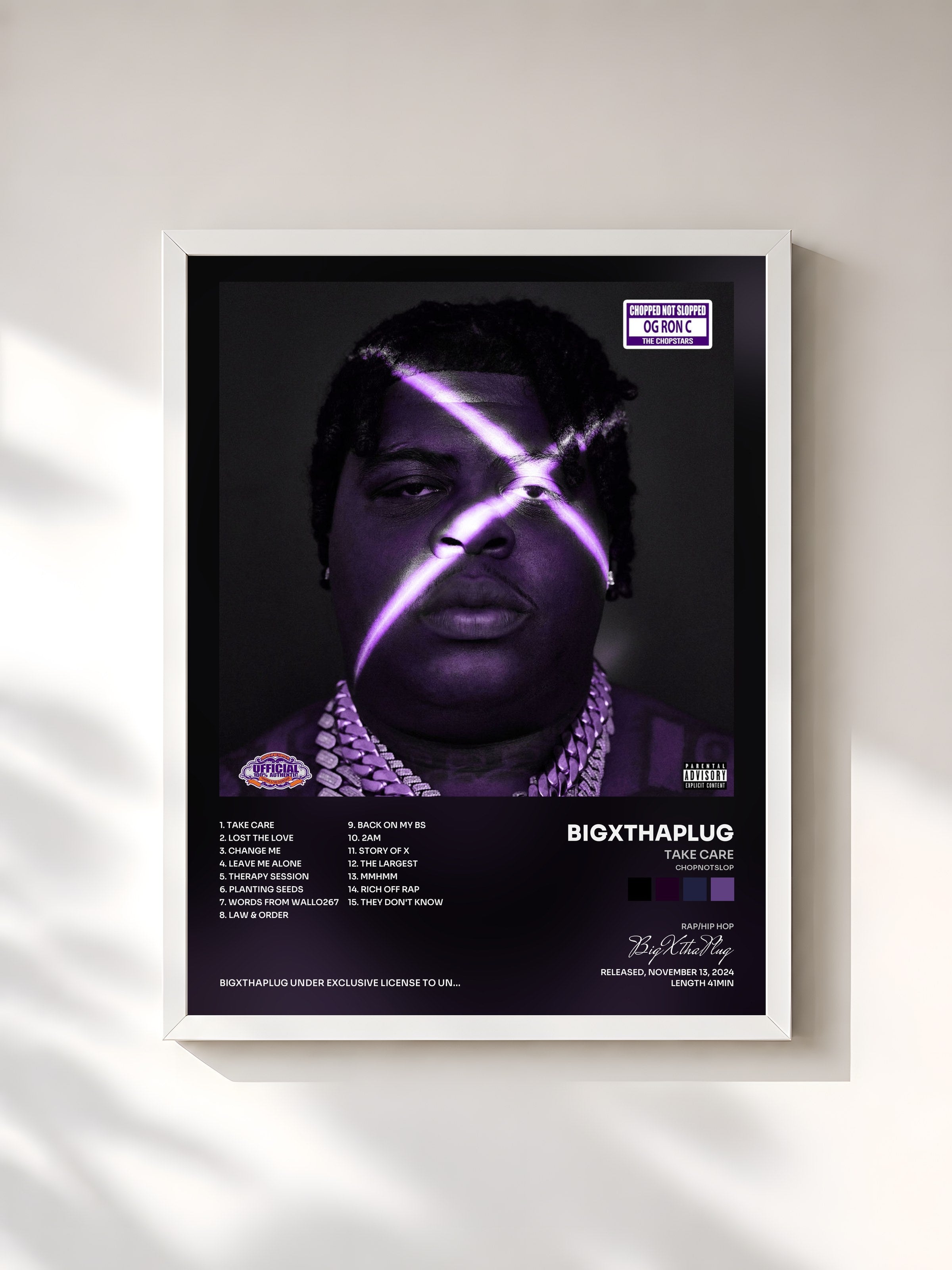 #blanc Tableau de l'album TAKE CARE (ChopNotSlop) de BigXthaPlug, cadre blanc, imprimé et encadré en France