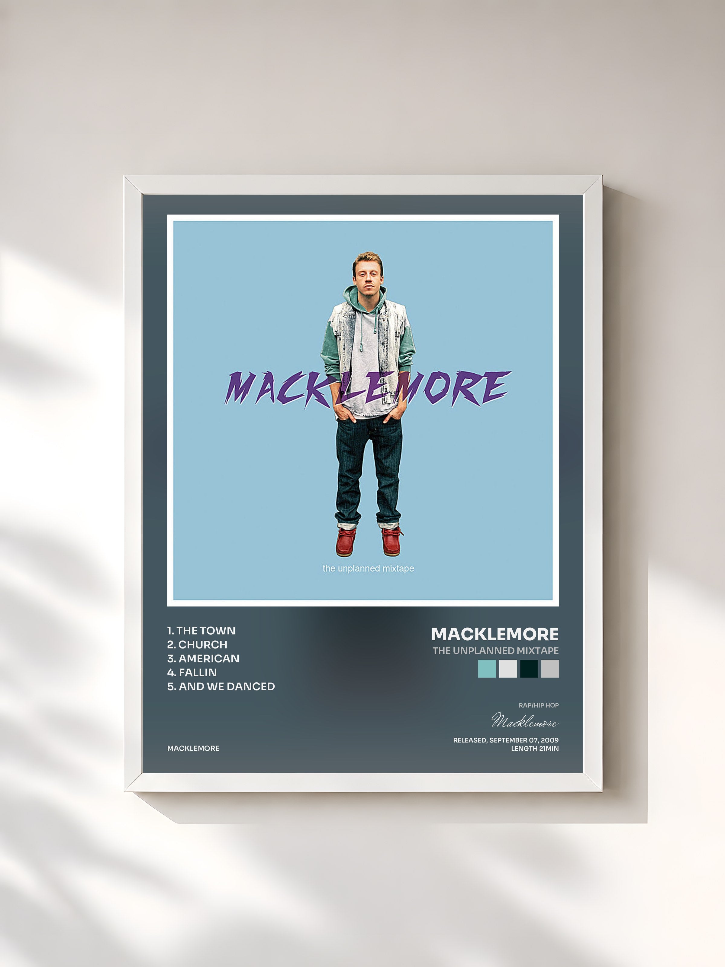 #blanc Tableau de l'album The Unplanned Mixtape de Macklemore, cadre blanc, imprimé et encadré en France