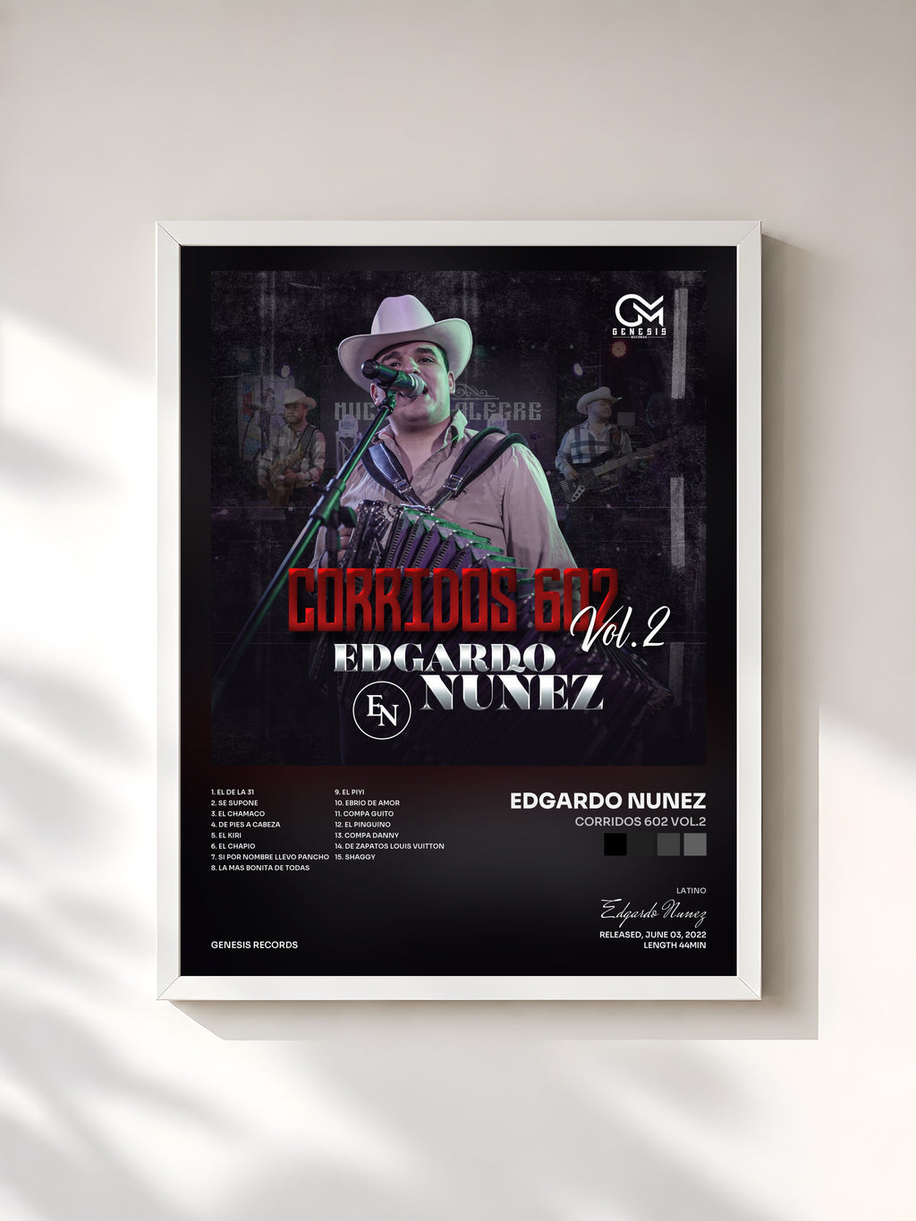 #blanc Tableau de l'album Corridos 602 Vol.2 de Edgardo Nunez, cadre blanc, imprimé et encadré en France