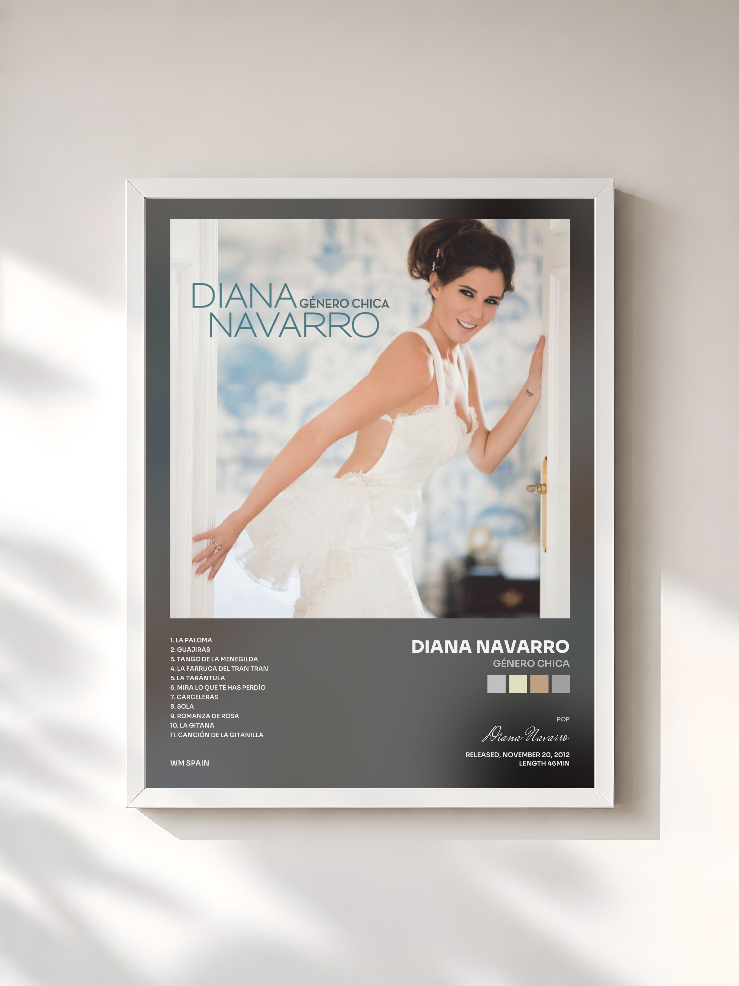 #blanc Tableau de l'album Género chica de Diana Navarro, cadre blanc, imprimé et encadré en France