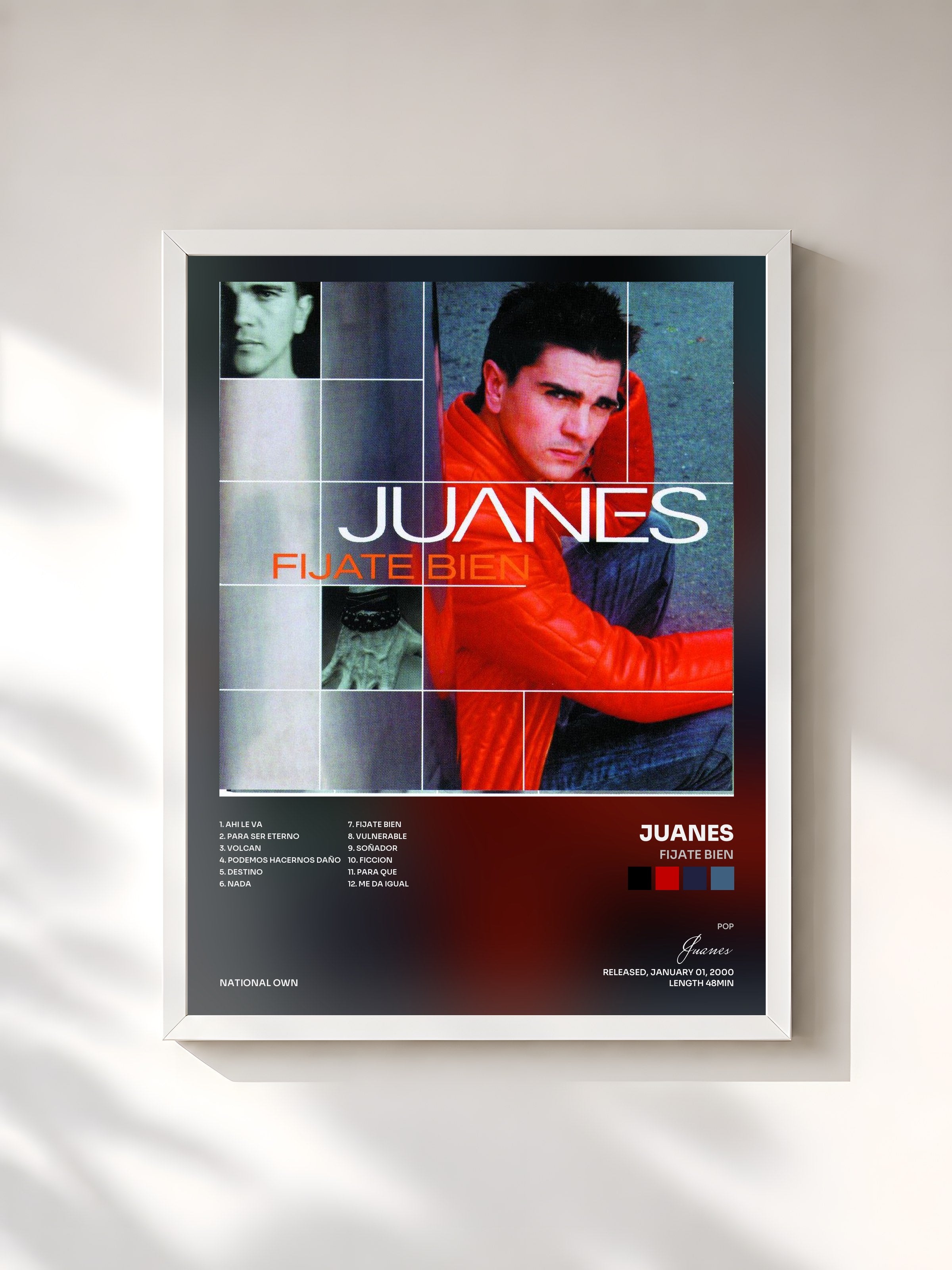#blanc Tableau de l'album Fijate Bien de Juanes, cadre blanc, imprimé et encadré en France