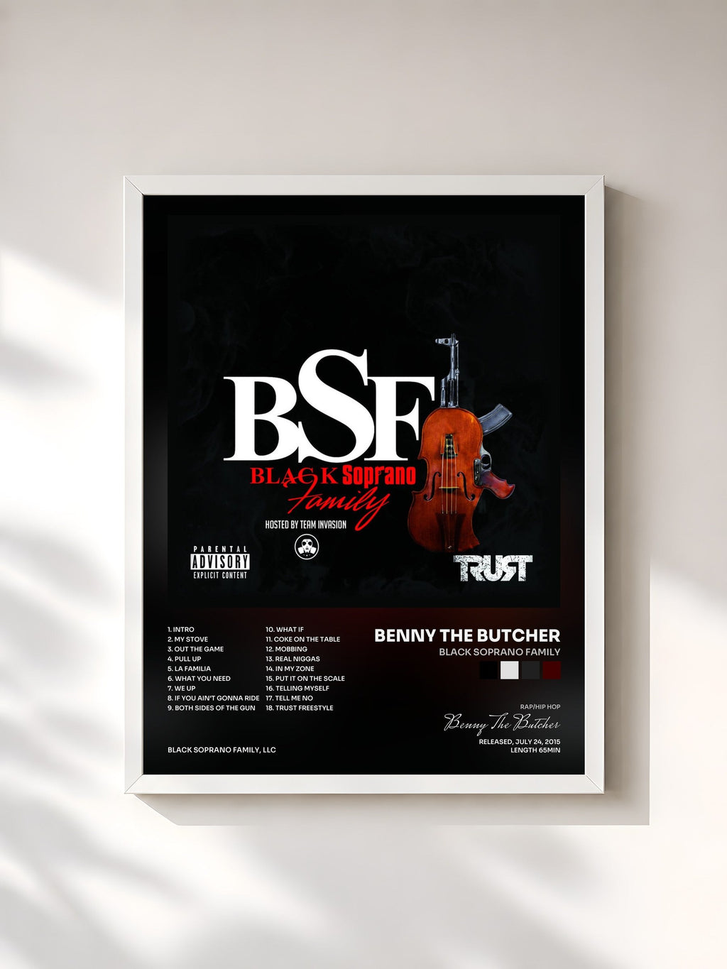 #blanc Black Soprano Family by Benny The Butcher as a framed art print, white frame, printed and framed in France