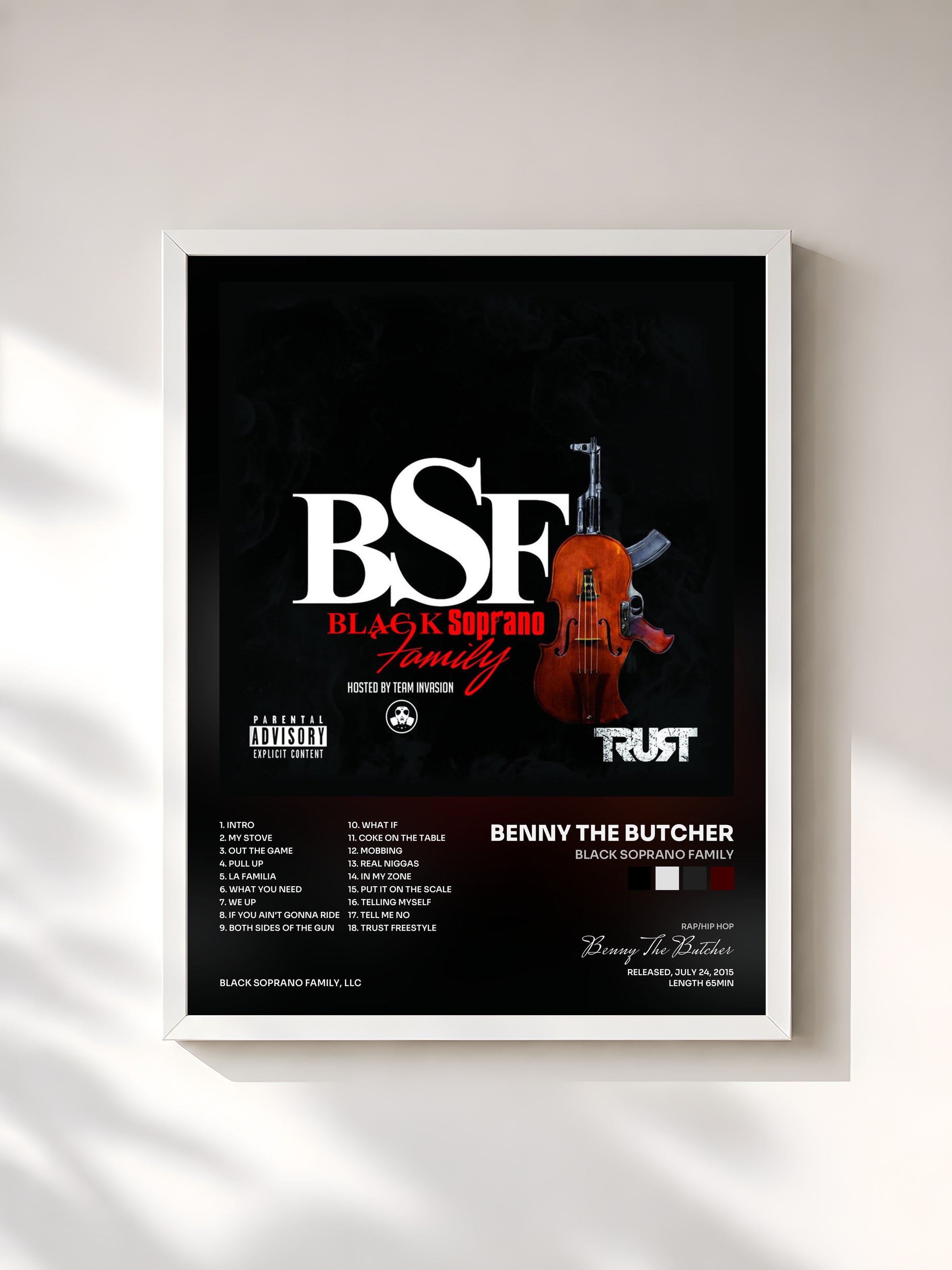 #blanc Tableau de l'album Black Soprano Family de Benny The Butcher, cadre blanc, imprimé et encadré en France