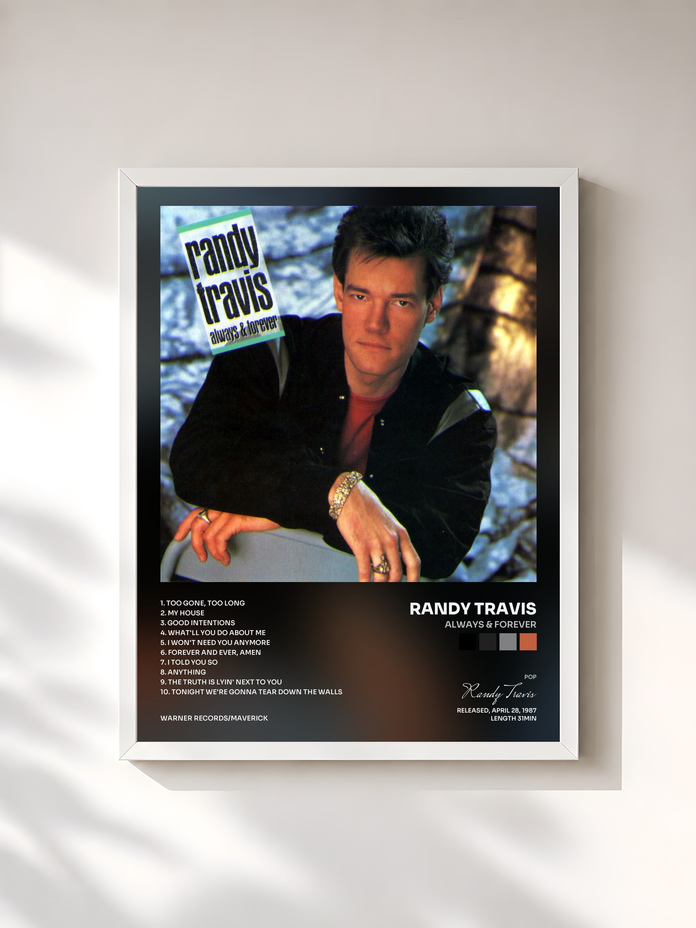 #blanc Tableau de l'album Always & Forever de Randy Travis, cadre blanc, imprimé et encadré en France