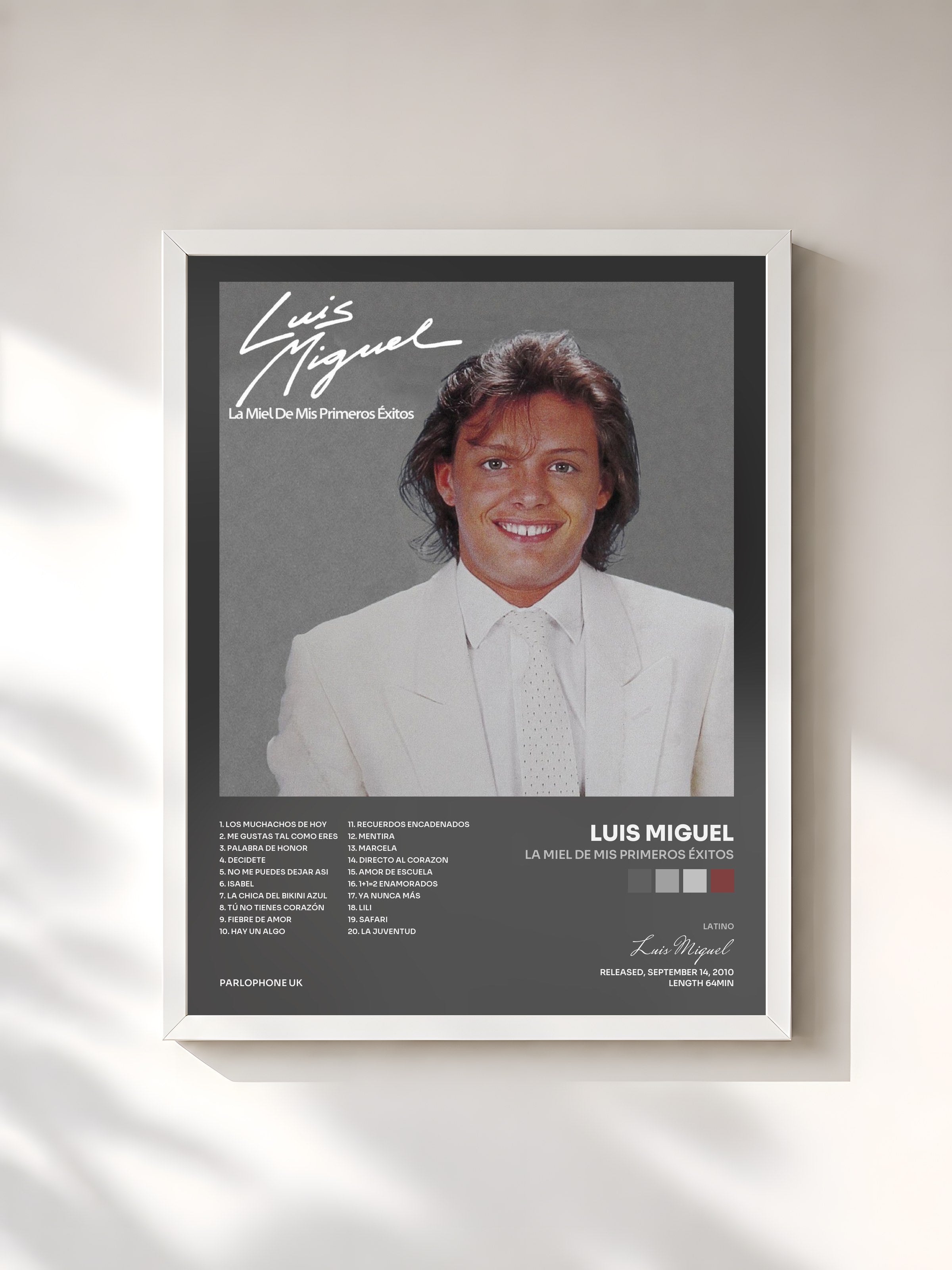 #blanc Tableau de l'album La Miel De Mis Primeros Éxitos de Luis Miguel, cadre blanc, imprimé et encadré en France