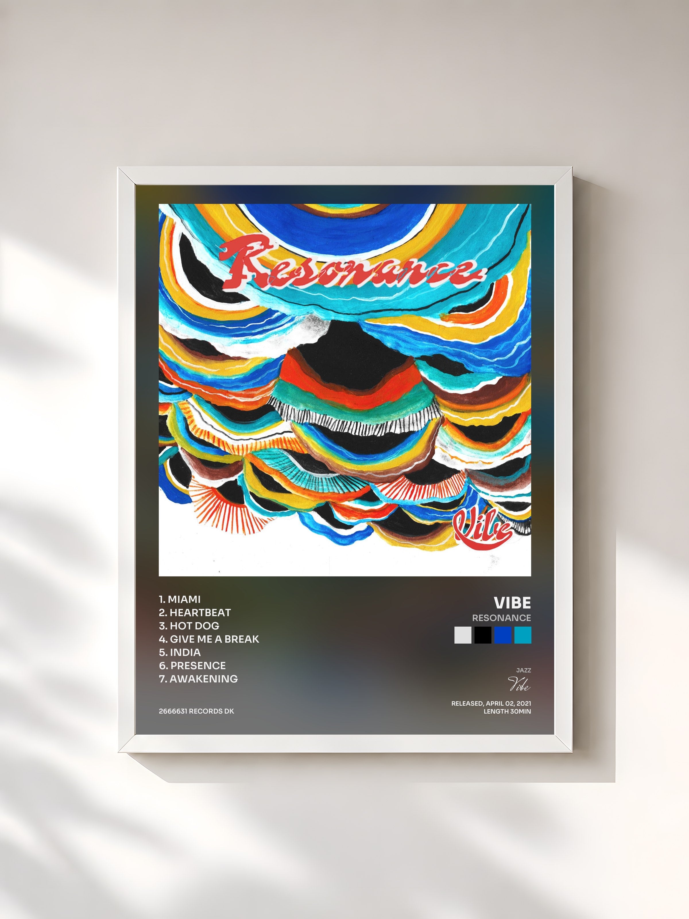 #blanc Tableau de l'album Resonance de Vibe, cadre blanc, imprimé et encadré en France