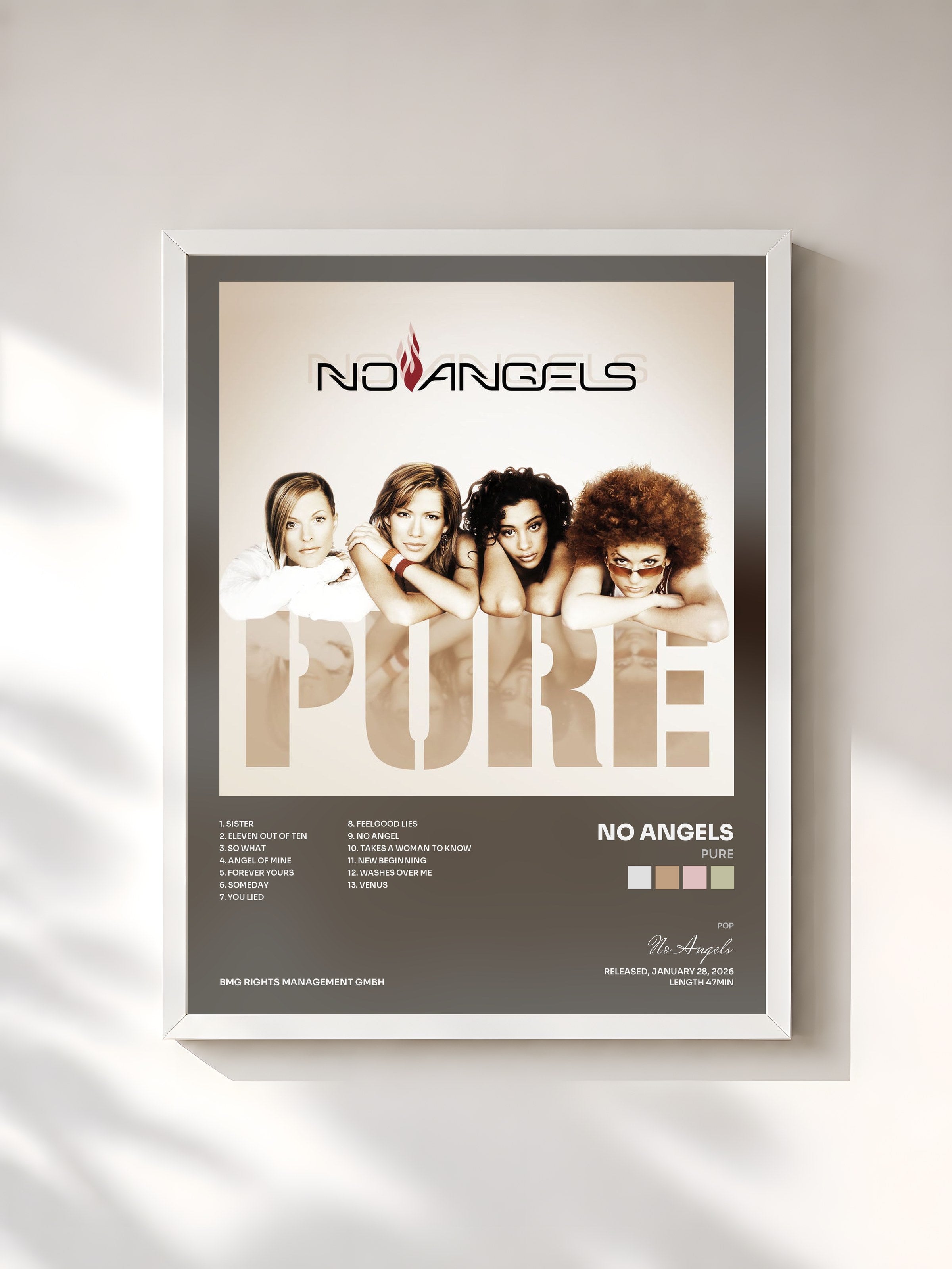 #blanc Tableau de l'album Pure de No Angels, cadre blanc, imprimé et encadré en France