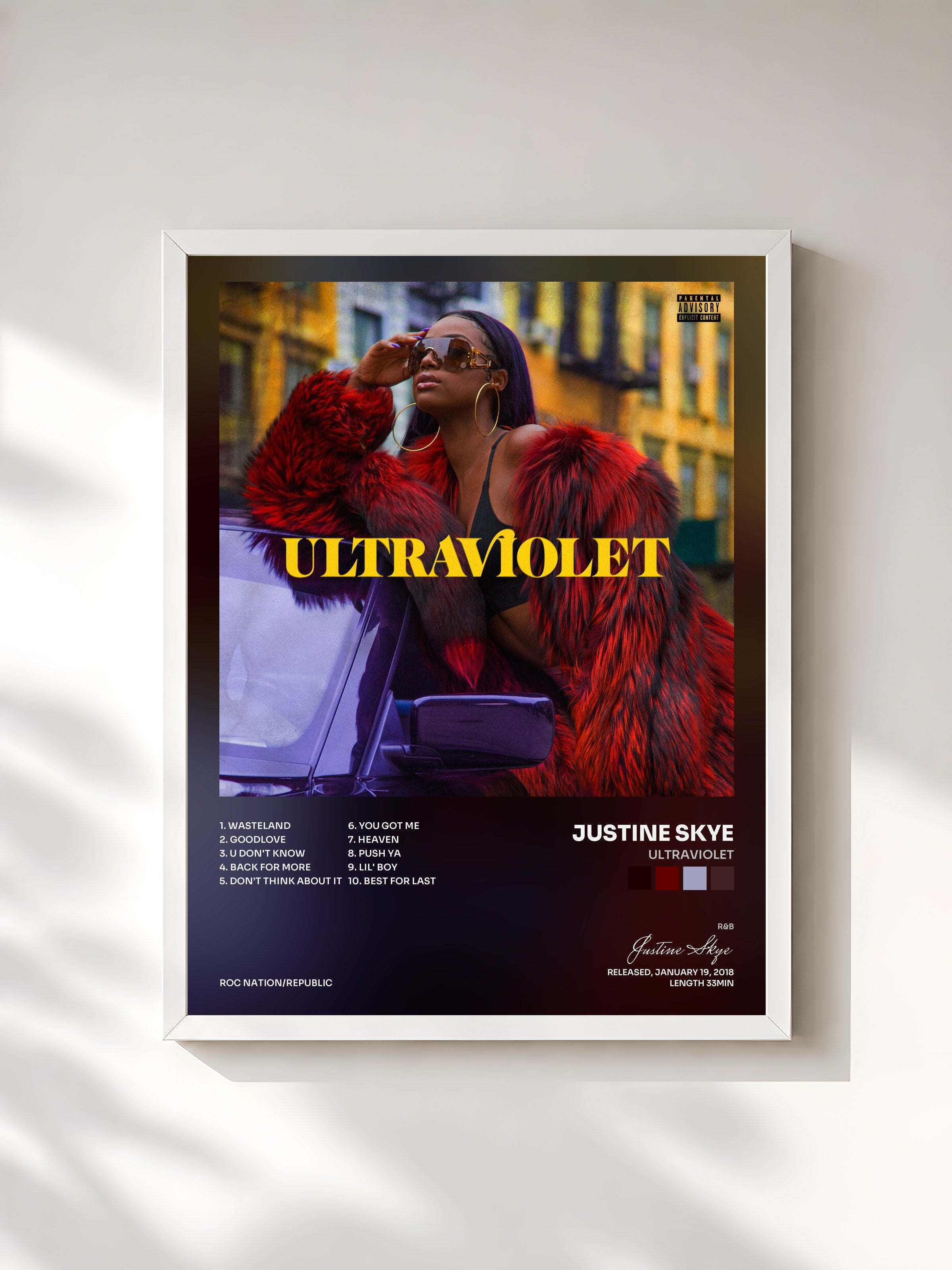 #blanc Tableau de l'album ULTRAVIOLET de Justine Skye, cadre blanc, imprimé et encadré en France