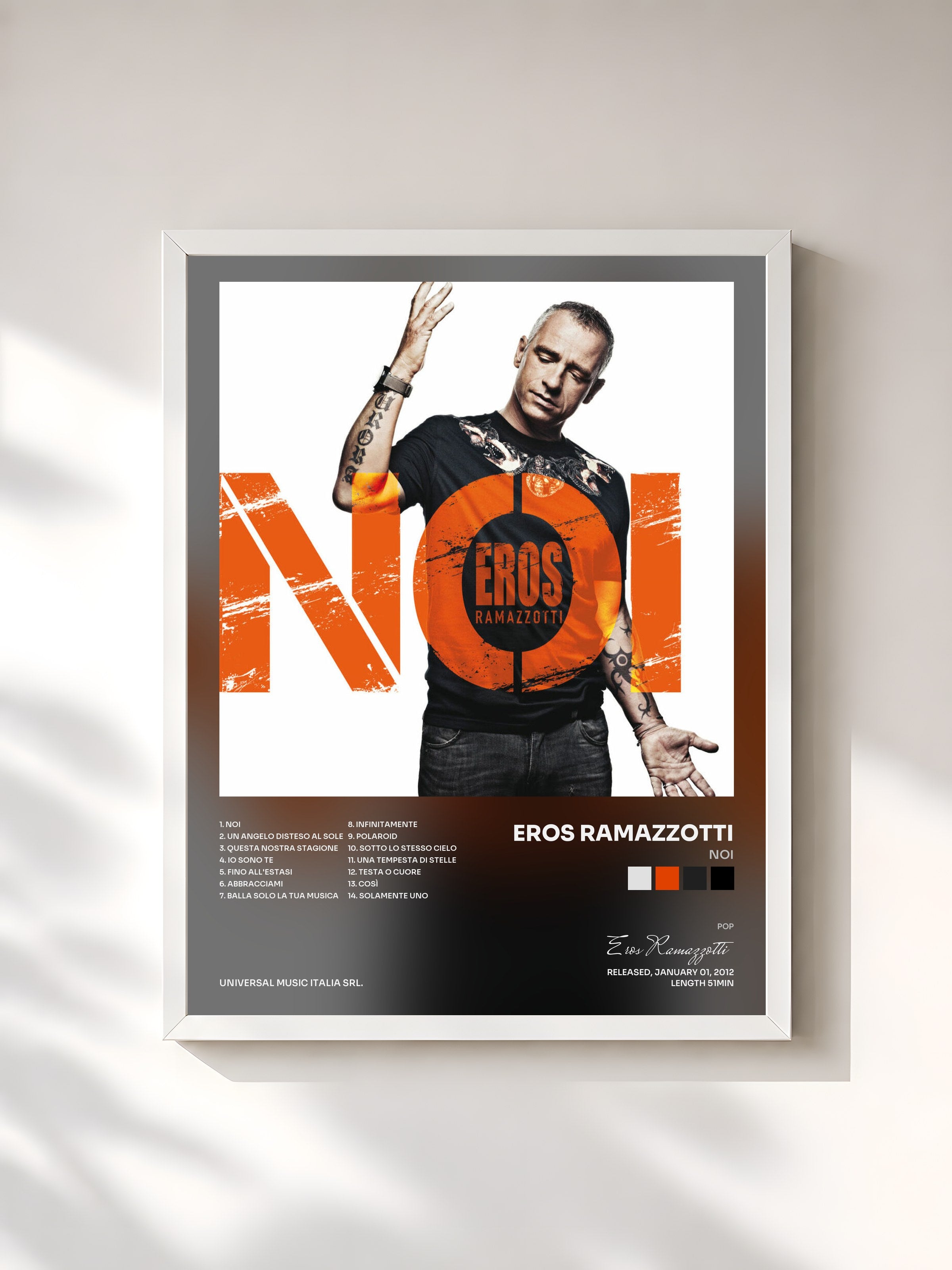 #blanc Tableau de l'album Noi de Eros Ramazzotti, cadre blanc, imprimé et encadré en France