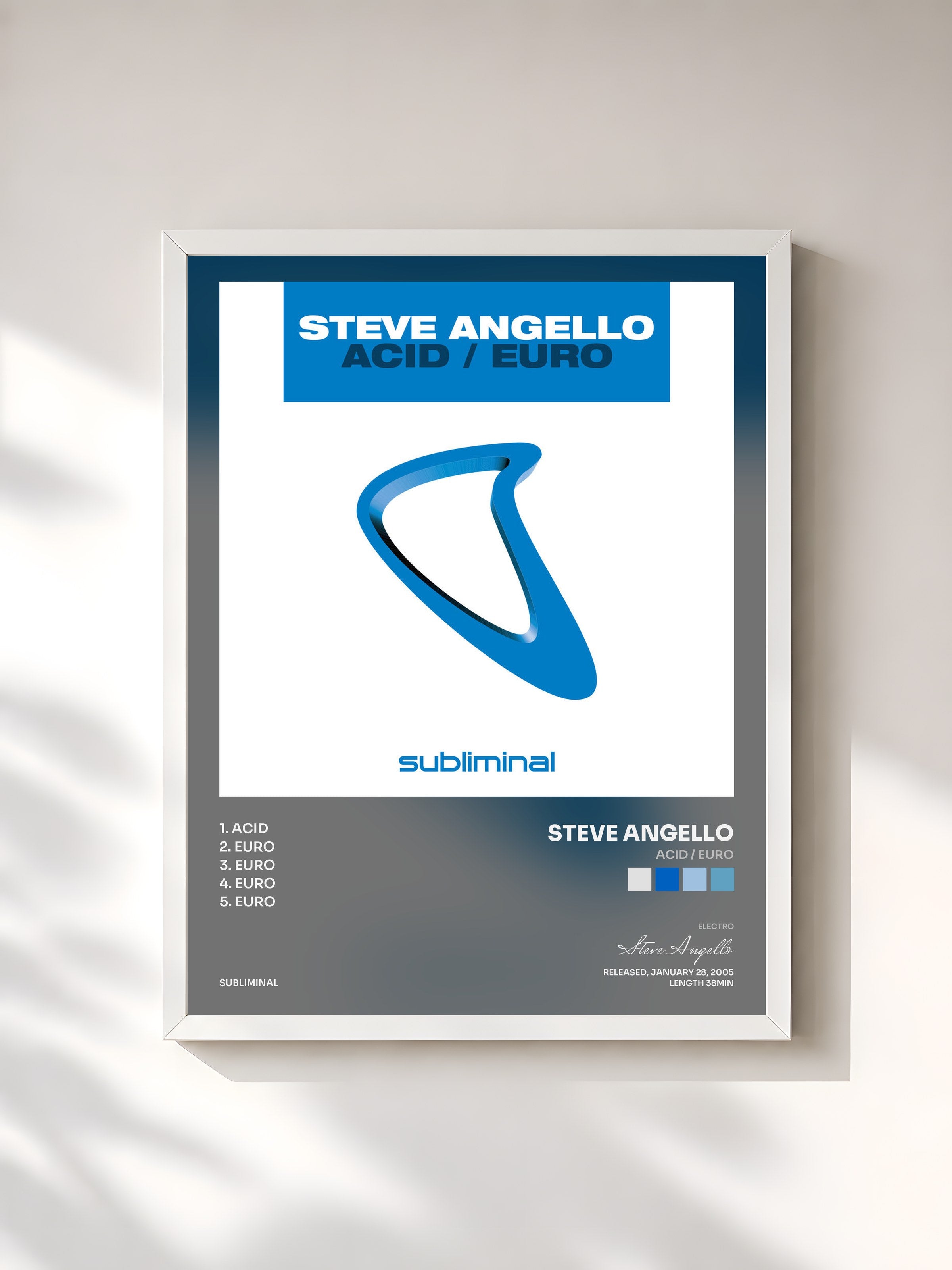 #blanc Tableau de l'album Acid / Euro de Steve Angello, cadre blanc, imprimé et encadré en France