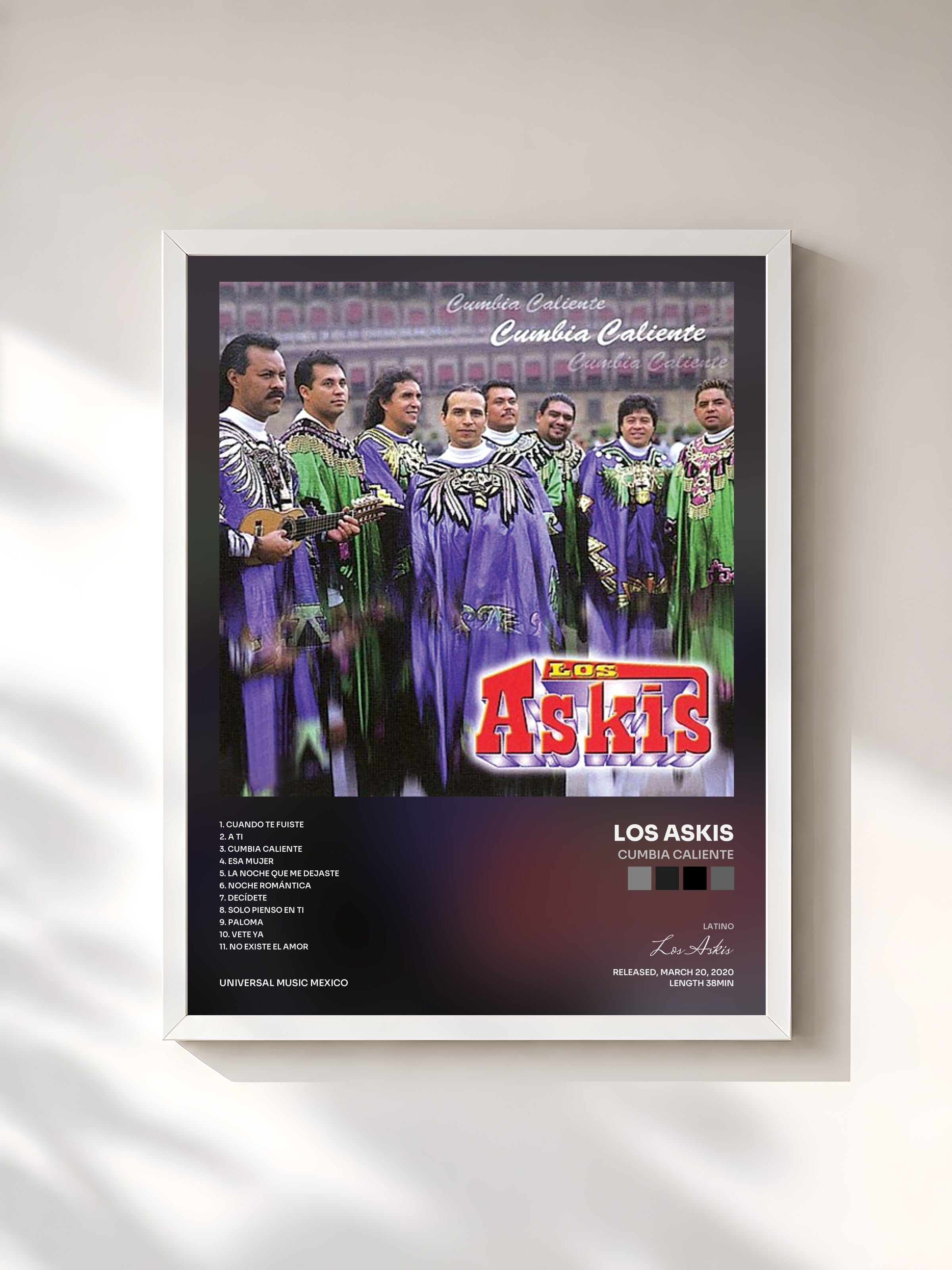 #blanc Tableau de l'album Cumbia Caliente de Los Askis, cadre blanc, imprimé et encadré en France