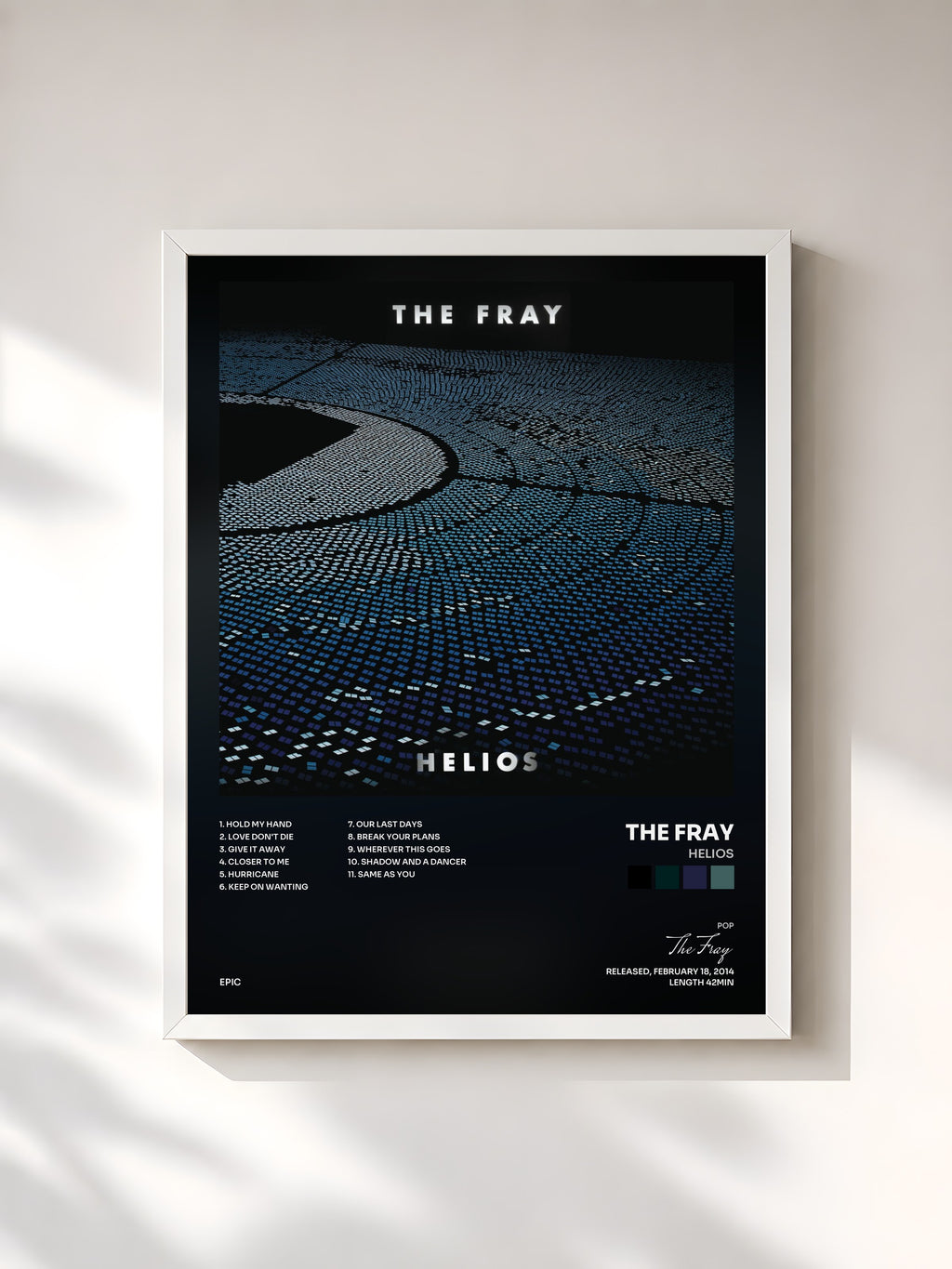 #blanc Tableau de l'album Helios de The Fray, cadre blanc, imprimé et encadré en France