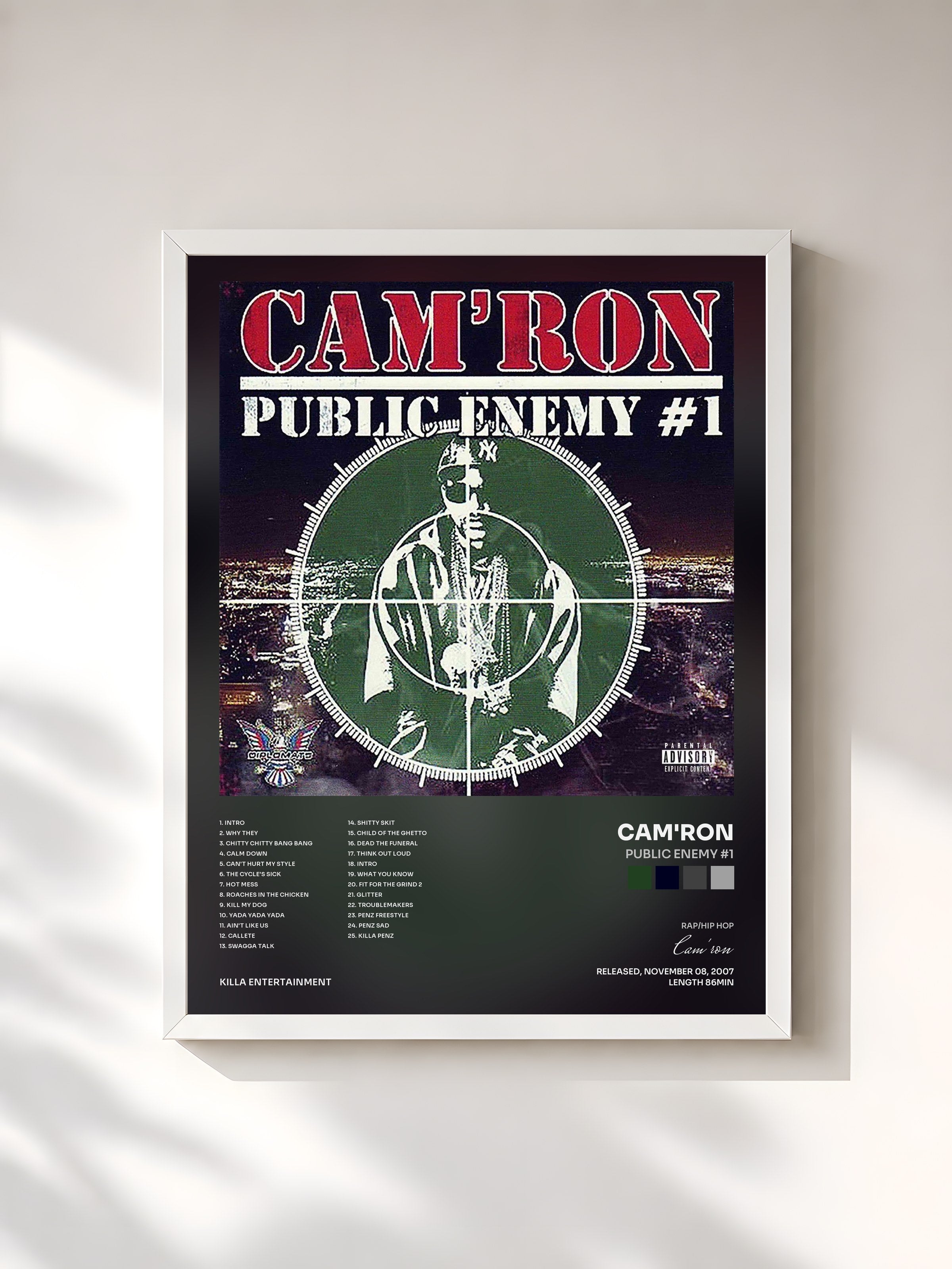 #blanc Tableau de l'album Public Enemy #1 de Cam'ron, cadre blanc, imprimé et encadré en France