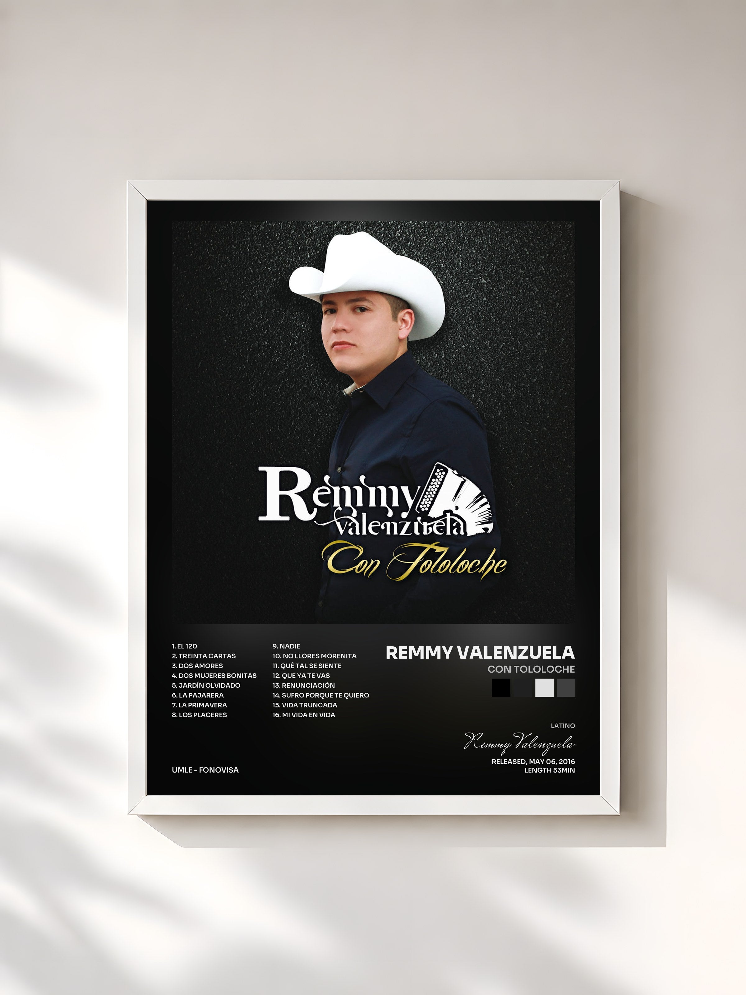#blanc Tableau de l'album Con Tololoche de Remmy Valenzuela, cadre blanc, imprimé et encadré en France