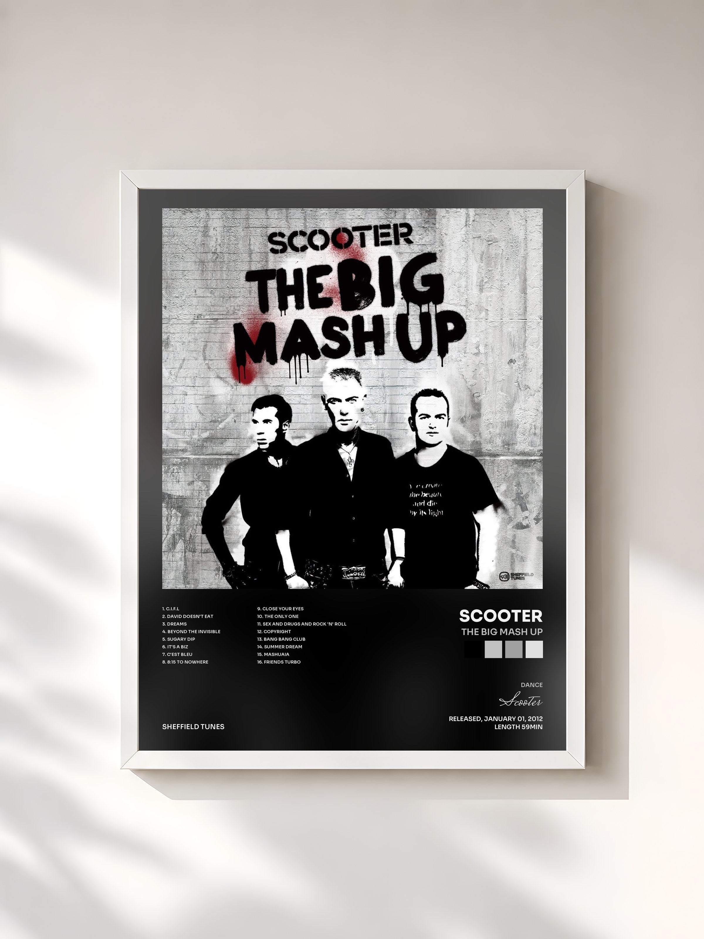#blanc Tableau de l'album The Big Mash Up de Scooter, cadre blanc, imprimé et encadré en France