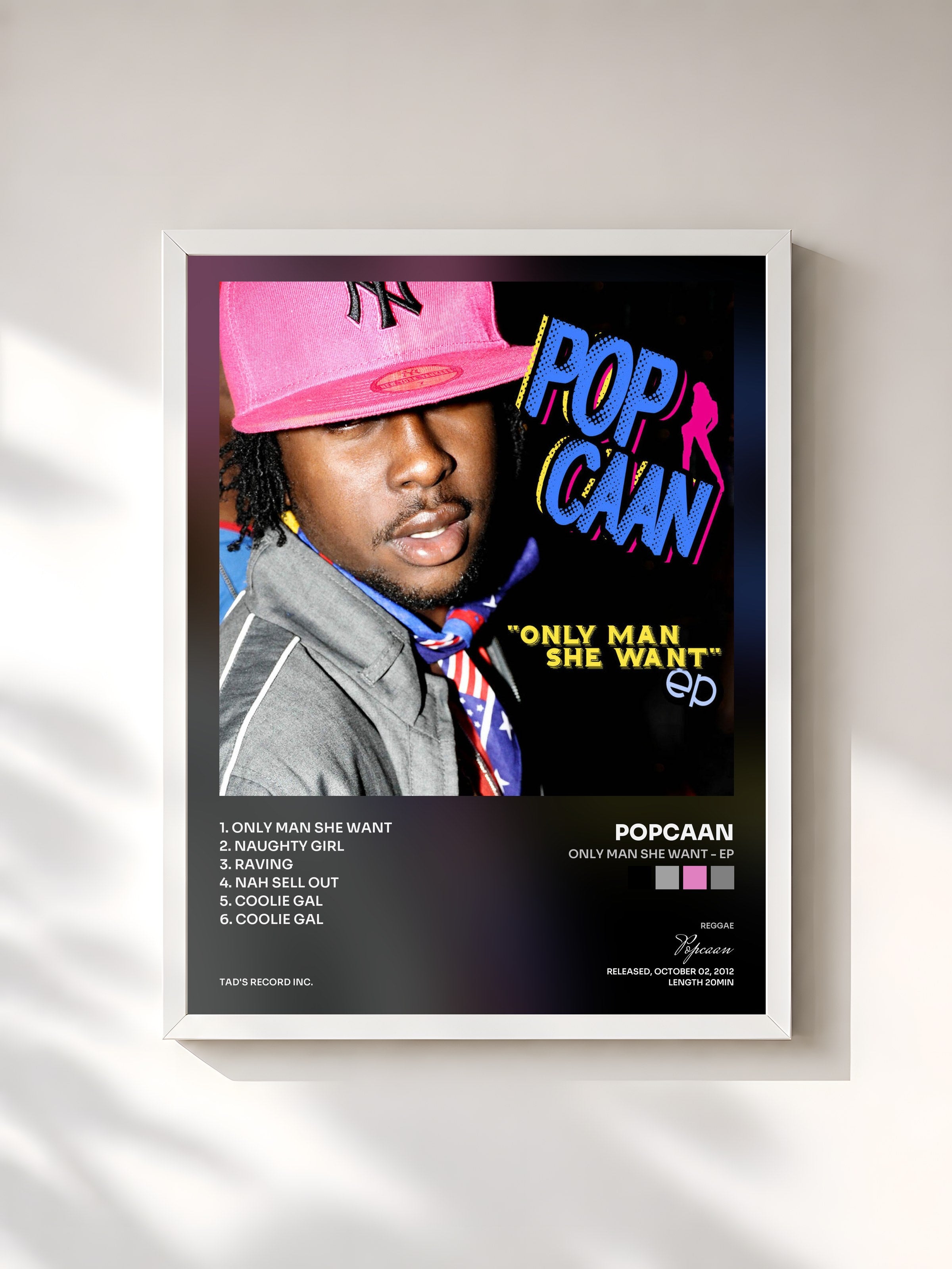 #blanc Tableau de l'album Only Man She Want - EP de Popcaan, cadre blanc, imprimé et encadré en France