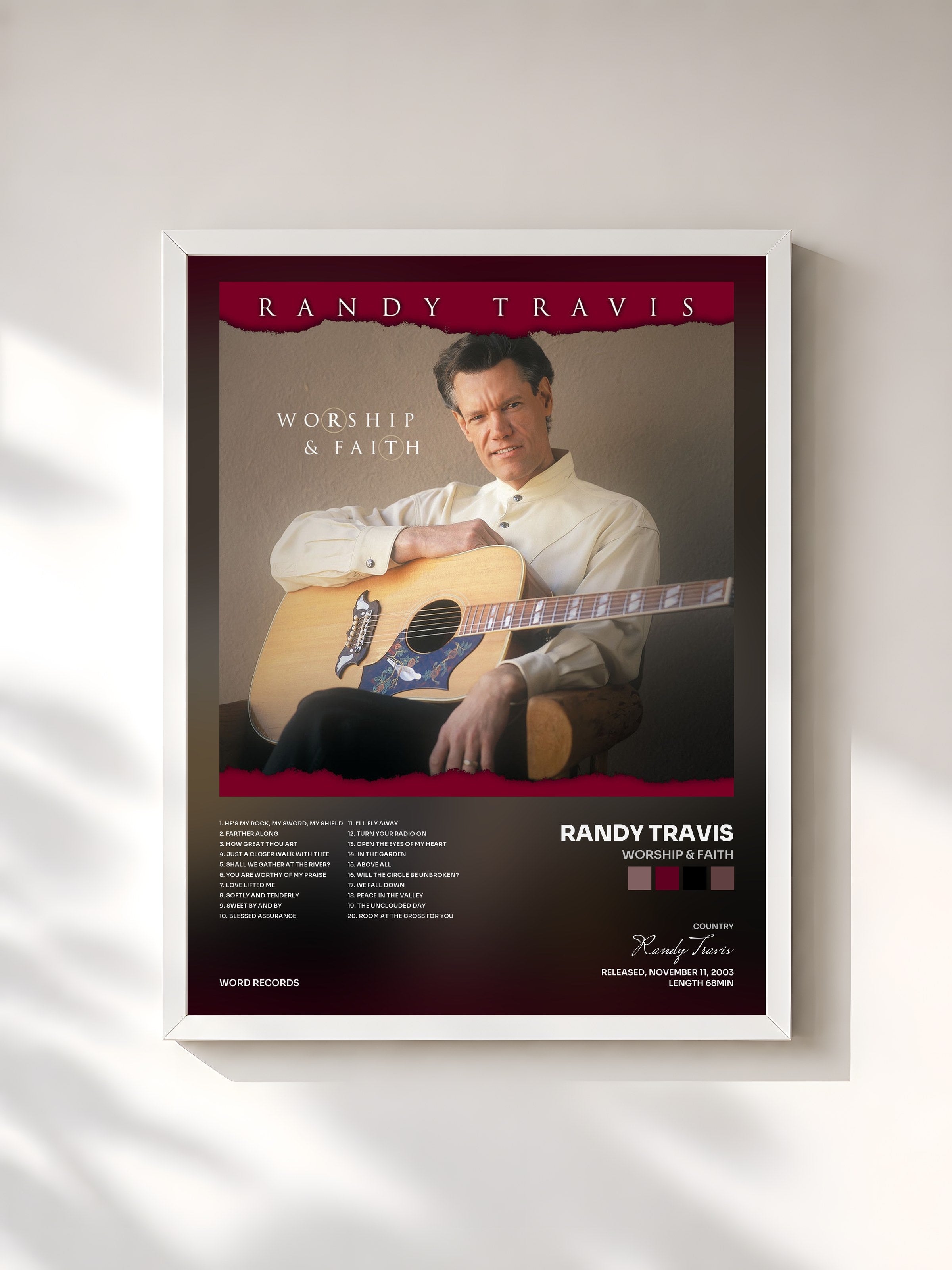 #blanc Tableau de l'album Worship & Faith de Randy Travis, cadre blanc, imprimé et encadré en France