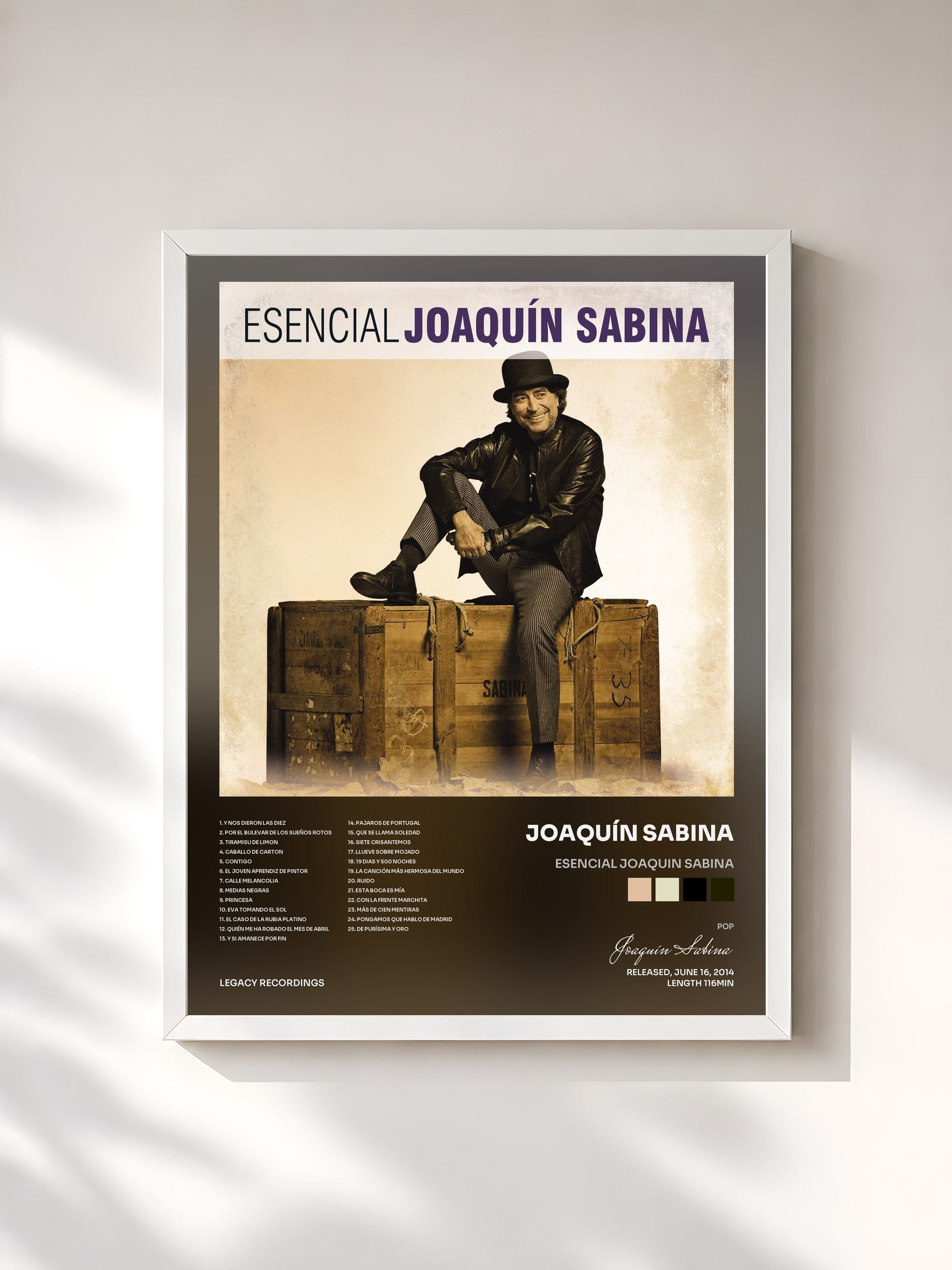 #blanc Tableau de l'album Esencial Joaquin Sabina de Joaquín Sabina, cadre blanc, imprimé et encadré en France