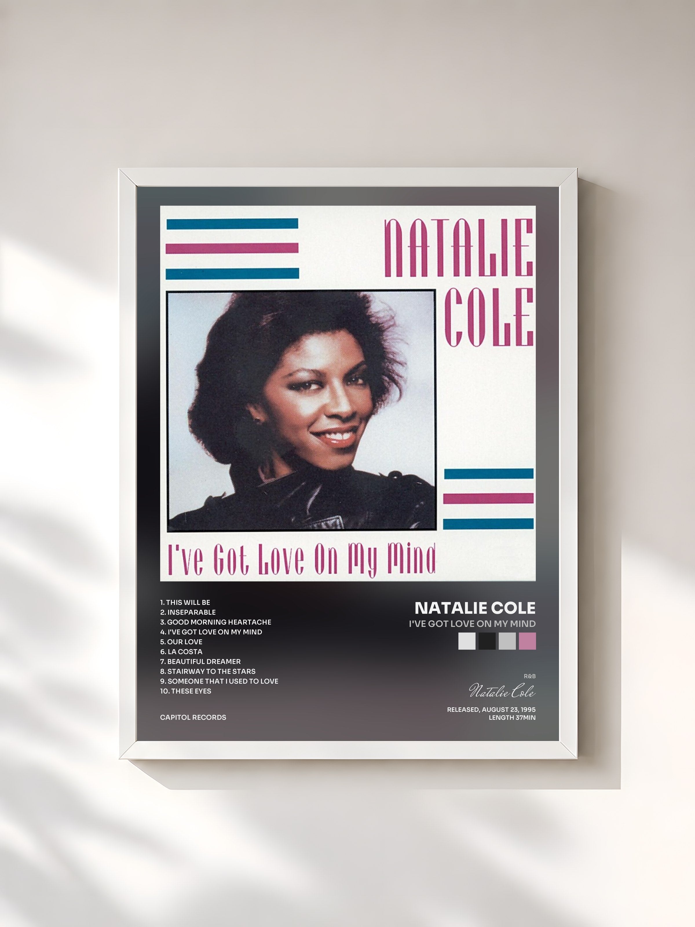 #blanc Tableau de l'album I've Got Love On My Mind de Natalie Cole, cadre blanc, imprimé et encadré en France