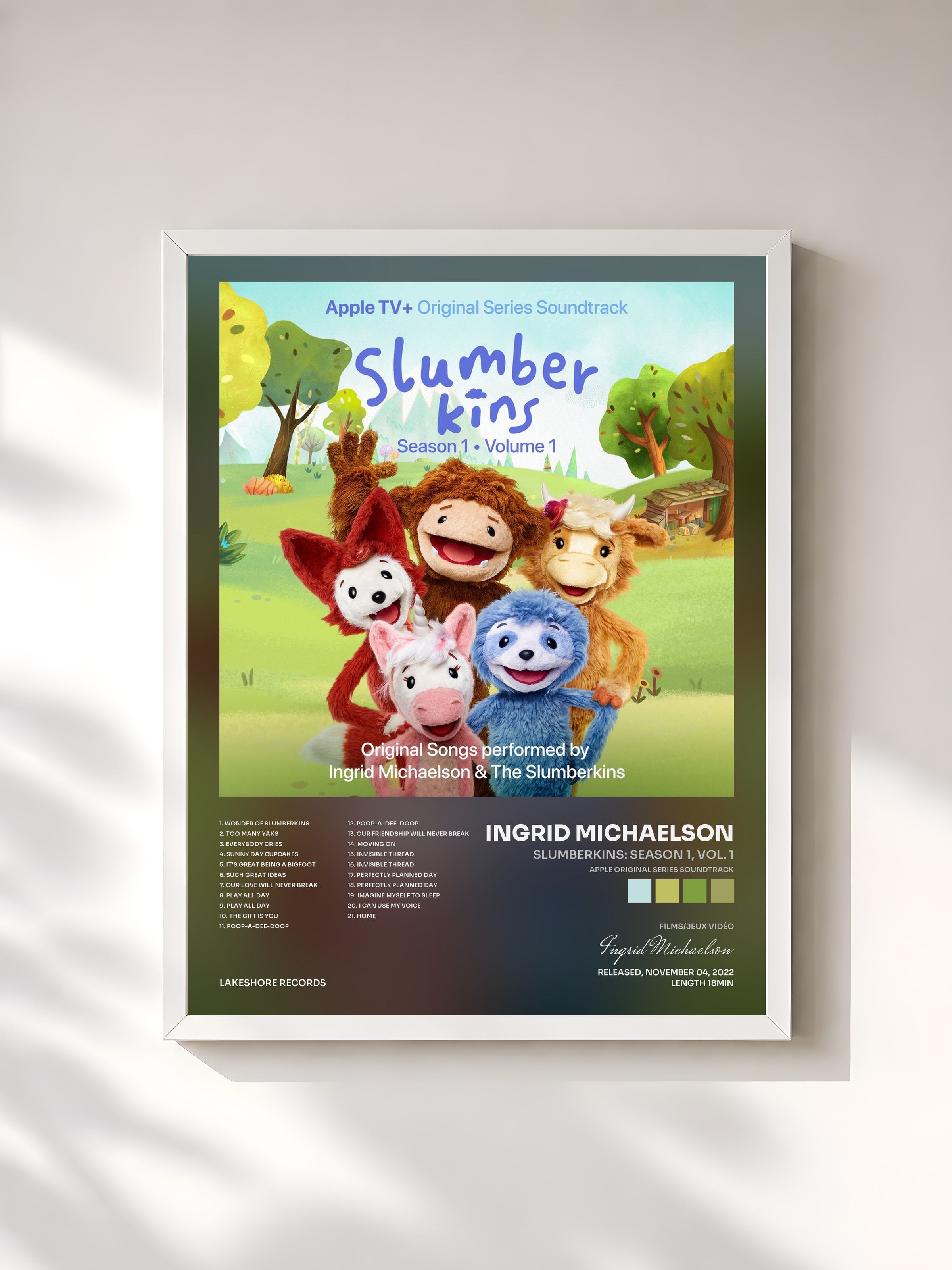 #blanc Tableau de l'album Slumberkins: Season 1, Vol. 1 (Apple Original Series Soundtrack) de Ingrid Michaelson, cadre blanc, imprimé et encadré en France