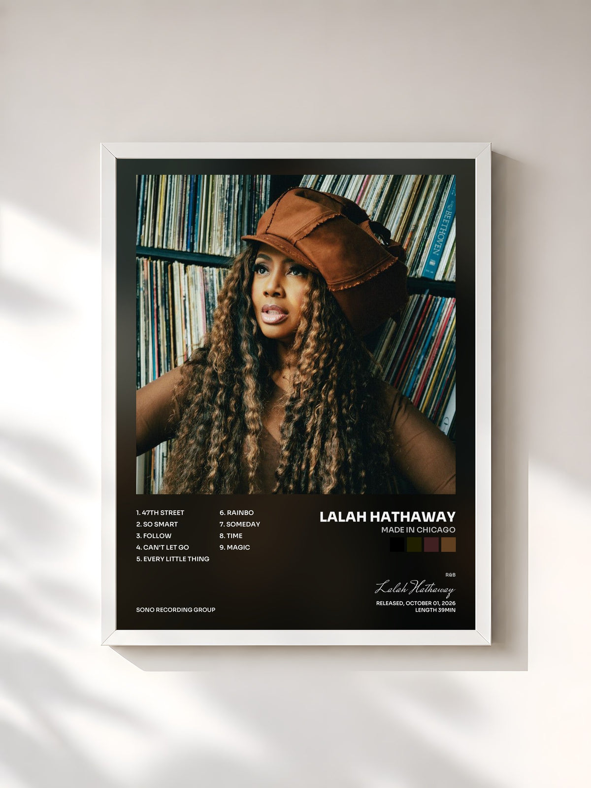 #blanc Tableau de l'album Made In Chicago de Lalah Hathaway, cadre blanc, imprimé et encadré en France