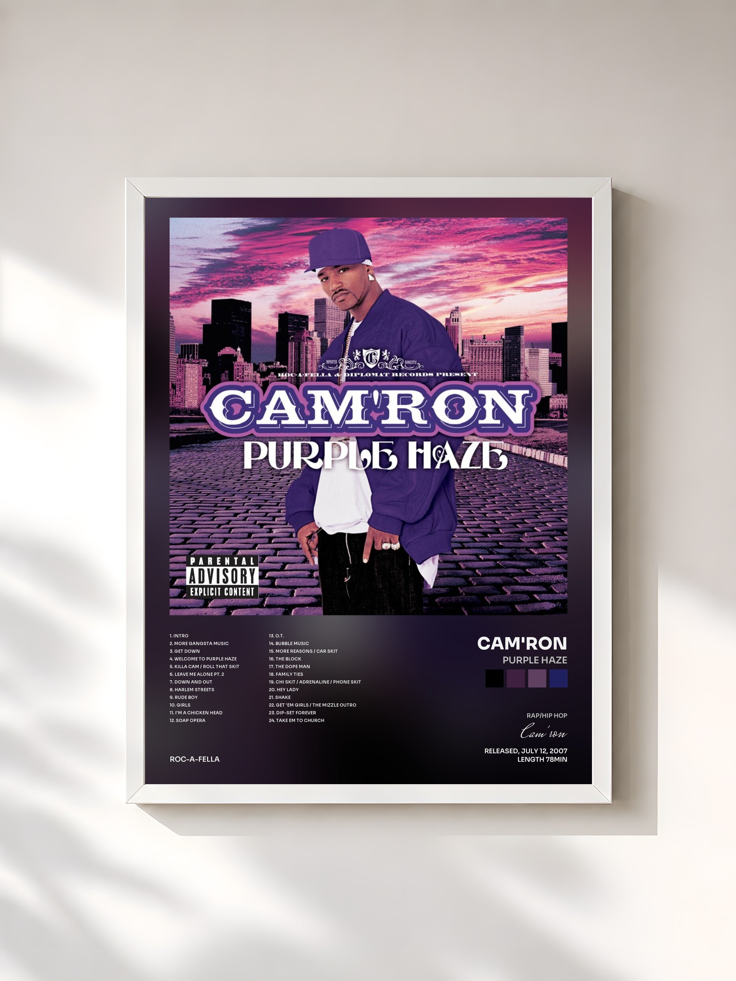 #blanc Tableau de l'album Purple Haze de Cam'ron, cadre blanc, imprimé et encadré en France